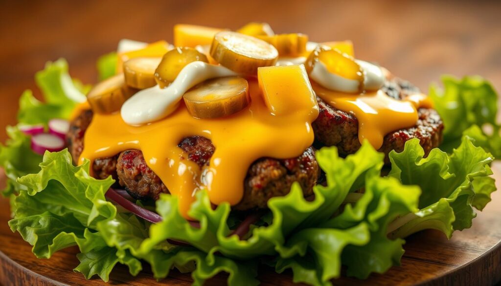 A beautifully lit close-up of a keto-friendly Big Mac salad, featuring a bed of fresh, crisp lettuce leaves. Atop the greens, juicy ground beef patties are nestled, seared to perfection with a slight char. Sliced dill pickles, melted cheddar cheese, and dollops of creamy, tangy sauce adorn the salad, creating the iconic Big Mac flavor profile. The entire scene is bathed in warm, soft lighting, highlighting the appetizing textures and colors. The composition is carefully balanced, drawing the eye to the star of the dish - the keto-friendly Big Mac salad. A beautifully lit close-up of a keto-friendly Big Mac salad, featuring a bed of fresh, crisp lettuce leaves. Atop the greens, juicy ground beef patties are nestled, seared to perfection with a slight char. Sliced dill pickles, melted cheddar cheese, and dollops of creamy, tangy sauce adorn the salad, creating the iconic Big Mac flavor profile. The entire scene is bathed in warm, soft lighting, highlighting the appetizing textures and colors. The composition is carefully balanced, drawing the eye to the star of the dish - the keto-friendly Big Mac salad.