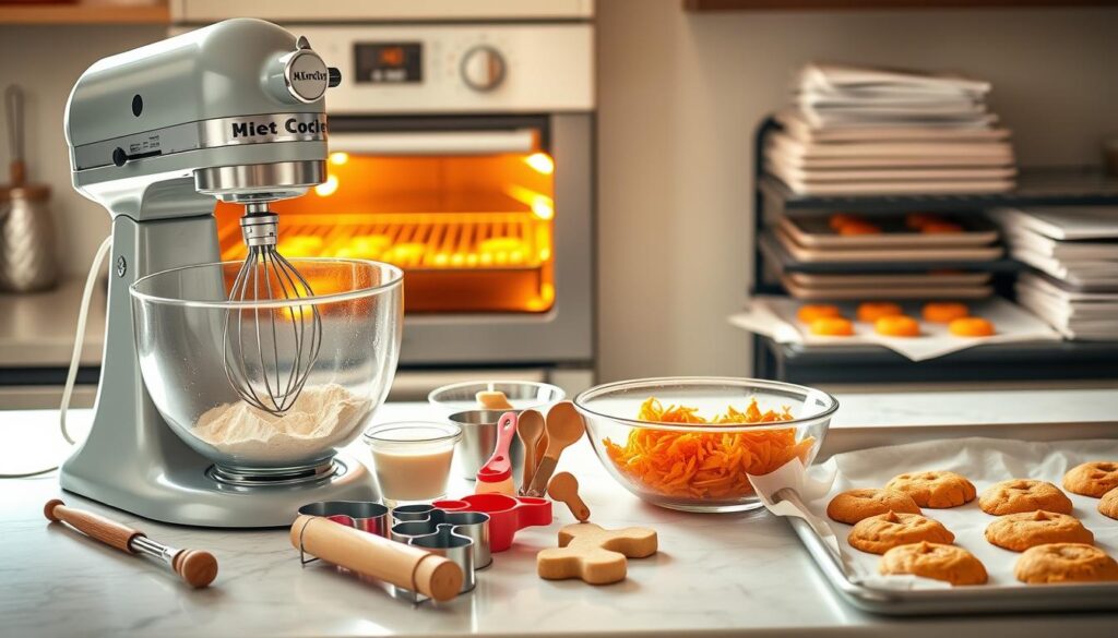 A beautifully lit kitchen counter showcases an assortment of baking equipment for crafting delectable carrot cake cookies. In the foreground, a stand mixer with a whisk attachment stands ready to cream the butter and sugar. Beside it, a set of measuring cups and spoons await the precise addition of flour, baking soda, and spices. In the middle ground, a rolling pin and a set of cookie cutters in playful shapes sit next to a mixing bowl filled with freshly grated carrots. The background features a warming oven with a tempting aroma wafting from its open door, and a stack of baking sheets adorned with parchment paper, ready to receive the perfectly portioned cookie dough. The scene is bathed in warm, natural light, creating a cozy, inviting atmosphere perfect for baking delightful carrot cake cookies. A beautifully lit kitchen counter showcases an assortment of baking equipment for crafting delectable carrot cake cookies. In the foreground, a stand mixer with a whisk attachment stands ready to cream the butter and sugar. Beside it, a set of measuring cups and spoons await the precise addition of flour, baking soda, and spices. In the middle ground, a rolling pin and a set of cookie cutters in playful shapes sit next to a mixing bowl filled with freshly grated carrots. The background features a warming oven with a tempting aroma wafting from its open door, and a stack of baking sheets adorned with parchment paper, ready to receive the perfectly portioned cookie dough. The scene is bathed in warm, natural light, creating a cozy, inviting atmosphere perfect for baking delightful carrot cake cookies.
