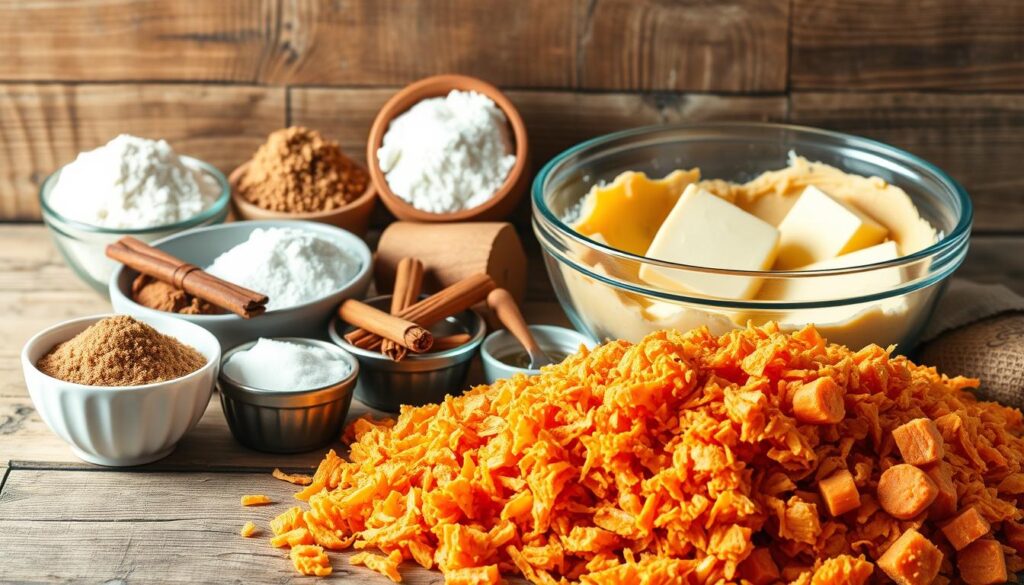 A carefully arranged still life of essential ingredients for soft and chewy carrot cake cookies. In the foreground, a pile of grated carrots, their vibrant orange hues glistening under warm, natural lighting. Surrounding the carrots, bowls brimming with brown sugar, all-purpose flour, baking powder, cinnamon, and other aromatic spices. In the middle ground, a mixing bowl filled with creamy cream cheese, butter, and vanilla extract, the perfect base for the cookie dough. In the background, a vintage wooden surface, its weathered texture providing a rustic, homey backdrop. The overall composition evokes the comforting flavors and homemade charm of classic carrot cake cookies. A carefully arranged still life of essential ingredients for soft and chewy carrot cake cookies. In the foreground, a pile of grated carrots, their vibrant orange hues glistening under warm, natural lighting. Surrounding the carrots, bowls brimming with brown sugar, all-purpose flour, baking powder, cinnamon, and other aromatic spices. In the middle ground, a mixing bowl filled with creamy cream cheese, butter, and vanilla extract, the perfect base for the cookie dough. In the background, a vintage wooden surface, its weathered texture providing a rustic, homey backdrop. The overall composition evokes the comforting flavors and homemade charm of classic carrot cake cookies.