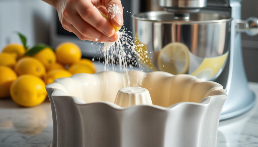 A close-up shot of a lemon bundt cake being prepared, with a soft, even lighting illuminating the scene. In the foreground, skilled hands carefully grease and flour the bundt pan, ensuring an even, non-stick surface. The middle ground showcases the mixing process, with a stand mixer gently combining the wet and dry ingredients to create a smooth, lump-free batter. In the background, an array of fresh lemons, their bright yellow hues contrasting with the shiny, stainless-steel kitchen appliances. The overall mood is one of meticulous care and attention to detail, setting the stage for the perfect lemon bundt cake. A close-up shot of a lemon bundt cake being prepared, with a soft, even lighting illuminating the scene. In the foreground, skilled hands carefully grease and flour the bundt pan, ensuring an even, non-stick surface. The middle ground showcases the mixing process, with a stand mixer gently combining the wet and dry ingredients to create a smooth, lump-free batter. In the background, an array of fresh lemons, their bright yellow hues contrasting with the shiny, stainless-steel kitchen appliances. The overall mood is one of meticulous care and attention to detail, setting the stage for the perfect lemon bundt cake.