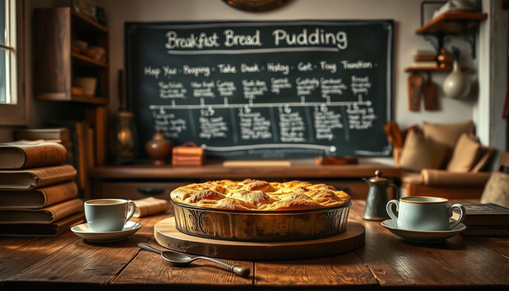 A cozy kitchen interior, dimly lit with warm, soft lighting. On a wooden table, a sumptuous breakfast bread pudding is the centerpiece, its golden-brown crust glistening. Surrounding it are vintage cookbooks, antique utensils, and a steaming cup of coffee, hinting at the rich history and tradition of this comforting dish. In the background, a chalkboard wall displays a timeline of bread pudding's evolution, from its humble origins as a way to repurpose stale bread to its modern-day status as a beloved breakfast treat. The overall atmosphere evokes a sense of nostalgia and culinary heritage, setting the stage for an immersive exploration of the rich history of breakfast bread pudding. A cozy kitchen interior, dimly lit with warm, soft lighting. On a wooden table, a sumptuous breakfast bread pudding is the centerpiece, its golden-brown crust glistening. Surrounding it are vintage cookbooks, antique utensils, and a steaming cup of coffee, hinting at the rich history and tradition of this comforting dish. In the background, a chalkboard wall displays a timeline of bread pudding's evolution, from its humble origins as a way to repurpose stale bread to its modern-day status as a beloved breakfast treat. The overall atmosphere evokes a sense of nostalgia and culinary heritage, setting the stage for an immersive exploration of the rich history of breakfast bread pudding.