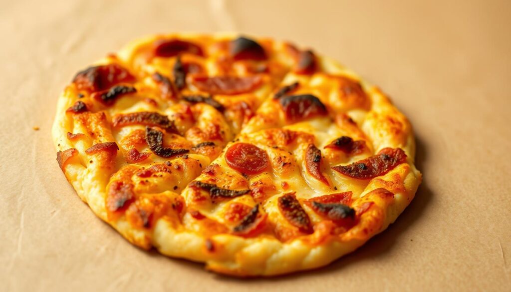 A crispy, golden-brown chicken pizza crust, fresh from the oven, with a delightful crunch and a hint of savory seasoning. The crust is perfectly formed, with a thin, even texture that serves as a delicious low-carb base for a variety of toppings. The image is captured in a warm, inviting lighting, showcasing the crust's appetizing appearance. The camera angle is slightly elevated, giving a clear view of the crust's surface and its tantalizing texture. The background is a simple, neutral color, allowing the focus to remain on the star of the scene - the mouthwatering chicken pizza crust. A crispy, golden-brown chicken pizza crust, fresh from the oven, with a delightful crunch and a hint of savory seasoning. The crust is perfectly formed, with a thin, even texture that serves as a delicious low-carb base for a variety of toppings. The image is captured in a warm, inviting lighting, showcasing the crust's appetizing appearance. The camera angle is slightly elevated, giving a clear view of the crust's surface and its tantalizing texture. The background is a simple, neutral color, allowing the focus to remain on the star of the scene - the mouthwatering chicken pizza crust.