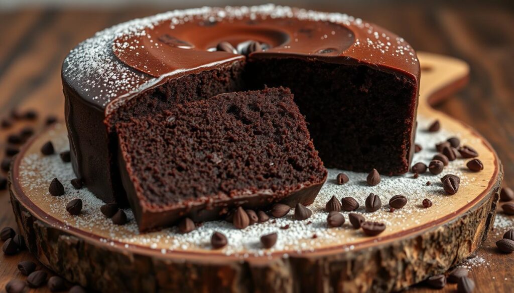 A decadent gluten-free chocolate cake, its rich, fudgy layers glistening under the warm light. The cake sits on a rustic wooden platter, surrounded by scattered cocoa nibs and a dusting of powdered sugar. Slices of the cake reveal a moist, dense crumb, perfectly complemented by the deep, complex flavor of premium, ethically-sourced chocolate. The scene is captured with a shallow depth of field, drawing the viewer's eye to the tempting details of the cake's texture and presentation. An inviting, sophisticated atmosphere, perfect for showcasing this delectable, gluten-free dessert. A decadent gluten-free chocolate cake, its rich, fudgy layers glistening under the warm light. The cake sits on a rustic wooden platter, surrounded by scattered cocoa nibs and a dusting of powdered sugar. Slices of the cake reveal a moist, dense crumb, perfectly complemented by the deep, complex flavor of premium, ethically-sourced chocolate. The scene is captured with a shallow depth of field, drawing the viewer's eye to the tempting details of the cake's texture and presentation. An inviting, sophisticated atmosphere, perfect for showcasing this delectable, gluten-free dessert.
