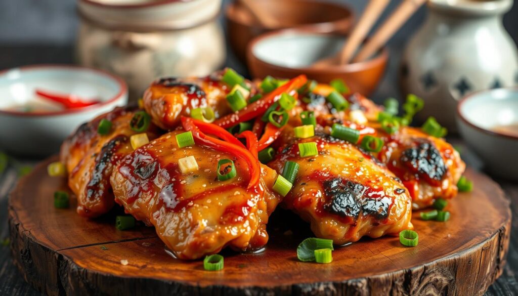 A delectable arrangement of Asian-inspired chicken thighs, artfully presented on a rustic wooden surface. The succulent, golden-brown thighs are accompanied by vibrant garnishes, such as vibrant green scallions, crisp red bell peppers, and fragrant herbs. The lighting casts a warm, inviting glow, highlighting the rich, savory colors and textures of the dish. In the background, a subtle backdrop of traditional Asian ceramic bowls and utensils, creating a sense of authenticity and cultural influence. The overall composition is visually striking, capturing the essence of authentic Asian cuisine and the comforting, homemade appeal of these mouthwatering chicken thigh recipes. A delectable arrangement of Asian-inspired chicken thighs, artfully presented on a rustic wooden surface. The succulent, golden-brown thighs are accompanied by vibrant garnishes, such as vibrant green scallions, crisp red bell peppers, and fragrant herbs. The lighting casts a warm, inviting glow, highlighting the rich, savory colors and textures of the dish. In the background, a subtle backdrop of traditional Asian ceramic bowls and utensils, creating a sense of authenticity and cultural influence. The overall composition is visually striking, capturing the essence of authentic Asian cuisine and the comforting, homemade appeal of these mouthwatering chicken thigh recipes.