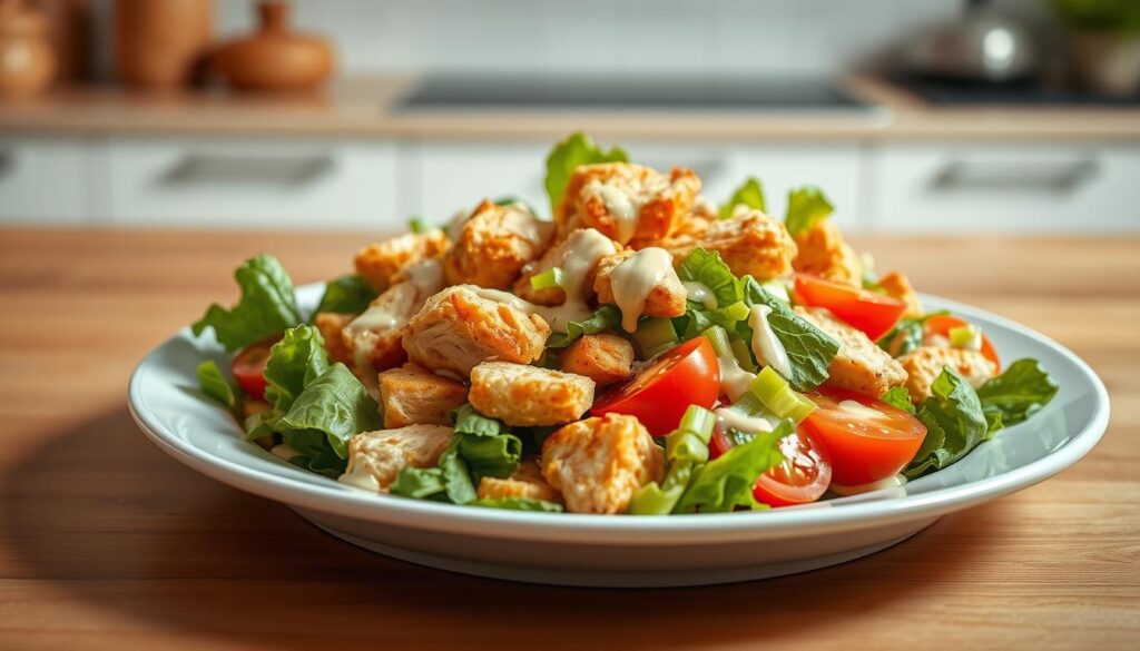 A delectable chicken salad served on a pristine white plate, the golden-brown pieces of tender chicken nestled amidst a vibrant mix of crisp lettuce, juicy tomatoes, and crunchy celery. The salad is drizzled with a creamy, tangy dressing, the light reflecting off the smooth surface. In the background, a minimalist kitchen counter in warm, earthy tones creates a simple, elegant setting. Soft, diffused lighting from an overhead source casts a gentle glow, highlighting the fresh, wholesome ingredients. The composition is balanced and visually appealing, showcasing the nutritious and calorie-conscious nature of this healthy meal option. A delectable chicken salad served on a pristine white plate, the golden-brown pieces of tender chicken nestled amidst a vibrant mix of crisp lettuce, juicy tomatoes, and crunchy celery. The salad is drizzled with a creamy, tangy dressing, the light reflecting off the smooth surface. In the background, a minimalist kitchen counter in warm, earthy tones creates a simple, elegant setting. Soft, diffused lighting from an overhead source casts a gentle glow, highlighting the fresh, wholesome ingredients. The composition is balanced and visually appealing, showcasing the nutritious and calorie-conscious nature of this healthy meal option.