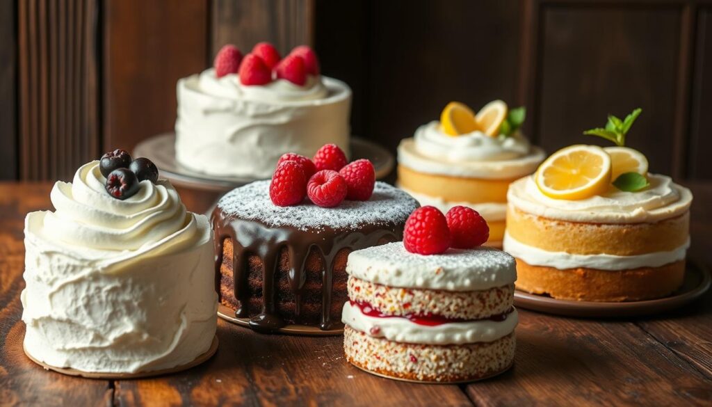 A delicious assortment of cloud cake recipe variations, elegantly displayed on a rustic wooden table. In the foreground, a fluffy vanilla cake with swirls of whipped cream and fresh berries. Alongside it, a decadent chocolate cake drizzled with glossy ganache and dusted with cocoa powder. In the middle ground, a vibrant red velvet cake topped with plump raspberries and a dusting of powdered sugar. In the background, a light and airy lemon cake adorned with lemon slices and a sprig of mint, all bathed in soft, natural lighting that enhances the mouthwatering textures and colors. The scene exudes a sense of homemade comfort and artisanal craftsmanship. A delicious assortment of cloud cake recipe variations, elegantly displayed on a rustic wooden table. In the foreground, a fluffy vanilla cake with swirls of whipped cream and fresh berries. Alongside it, a decadent chocolate cake drizzled with glossy ganache and dusted with cocoa powder. In the middle ground, a vibrant red velvet cake topped with plump raspberries and a dusting of powdered sugar. In the background, a light and airy lemon cake adorned with lemon slices and a sprig of mint, all bathed in soft, natural lighting that enhances the mouthwatering textures and colors. The scene exudes a sense of homemade comfort and artisanal craftsmanship.