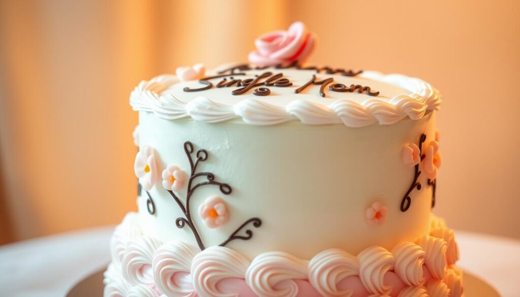 A detailed, beautifully decorated birthday cake, with a chic, modern design and pastel colors, set against a soft, blurred background. The cake features delicate floral accents, intricate piping, and a subtle message or phrase piped onto the top, conveying a sense of independence and resilience. The lighting is warm and flattering, creating a serene, elegant atmosphere. The camera angle is slightly elevated, emphasizing the cake's visually appealing presentation. Overall, the image projects a confident, stylish, and empowered single mom vibe. A detailed, beautifully decorated birthday cake, with a chic, modern design and pastel colors, set against a soft, blurred background. The cake features delicate floral accents, intricate piping, and a subtle message or phrase piped onto the top, conveying a sense of independence and resilience. The lighting is warm and flattering, creating a serene, elegant atmosphere. The camera angle is slightly elevated, emphasizing the cake's visually appealing presentation. Overall, the image projects a confident, stylish, and empowered single mom vibe.
