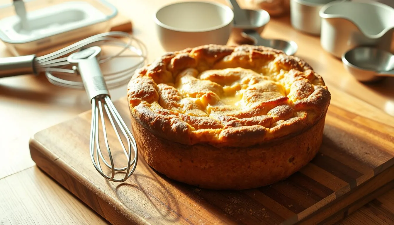 A freshly baked, golden-brown bread pudding, steaming hot, resting on a rustic wooden cutting board. The top is evenly browned, with a soft, custard-like interior visible through the cracks. Surrounding the pudding are various baking tools and equipment, including a whisk, a mixing bowl, and a set of measuring cups and spoons, all arranged neatly on the board. The lighting is warm and natural, casting a soft glow on the scene, creating a cozy, inviting atmosphere. The composition is balanced, with the bread pudding taking center stage, surrounded by the supporting cast of baking implements. The overall scene conveys the idea of a satisfying, homemade breakfast treat, ready to be enjoyed.