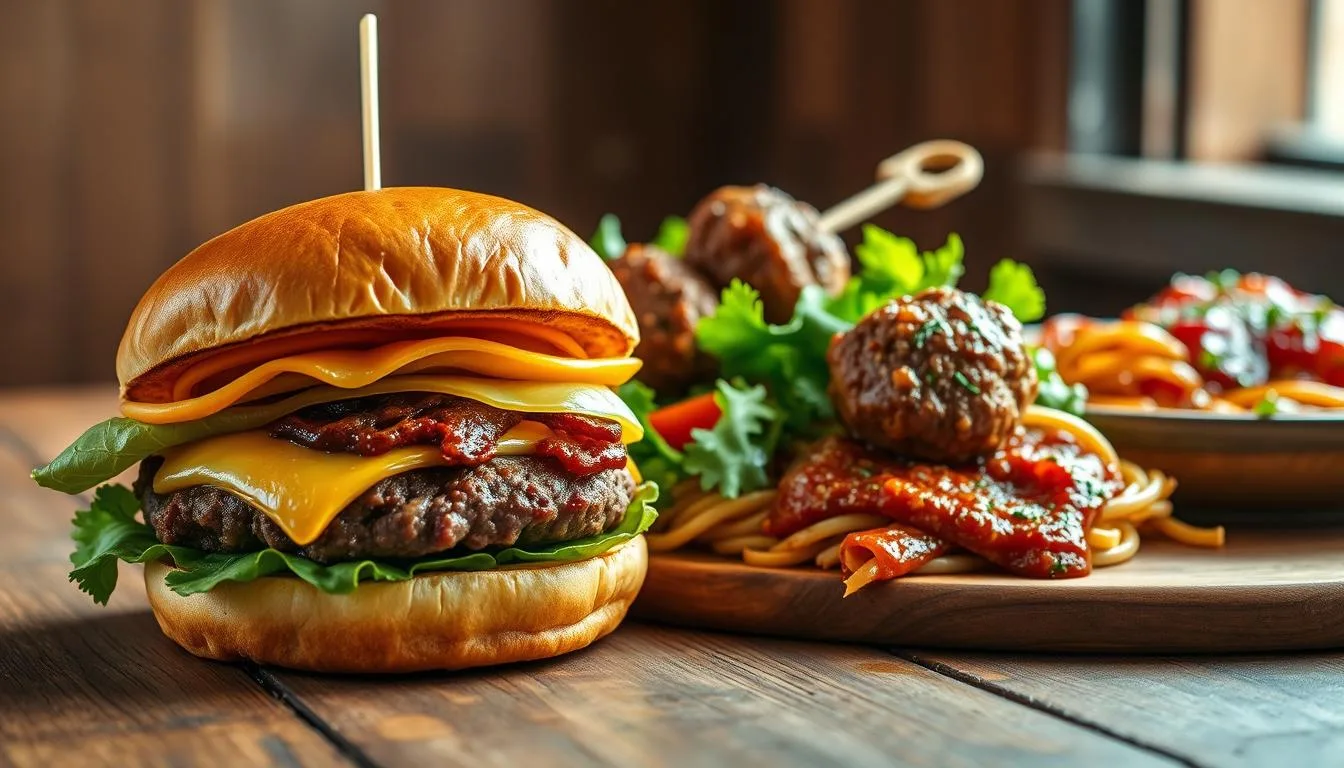 A mouthwatering close-up shot of three delectable ground venison dishes, elegantly presented on a rustic wooden table. The foreground features a juicy venison burger with melted cheese, crisp lettuce, and a golden bun. In the middle ground, a savory venison meatball skewer is accompanied by a vibrant salad. The background showcases a hearty venison bolognese pasta, its rich sauce glistening. Warm, indirect lighting casts a cozy, inviting atmosphere, while a shallow depth of field keeps the focus on the culinary masterpieces. This image captures the essence of quick, flavorful ground deer meat recipes perfect for an easy, satisfying meal.