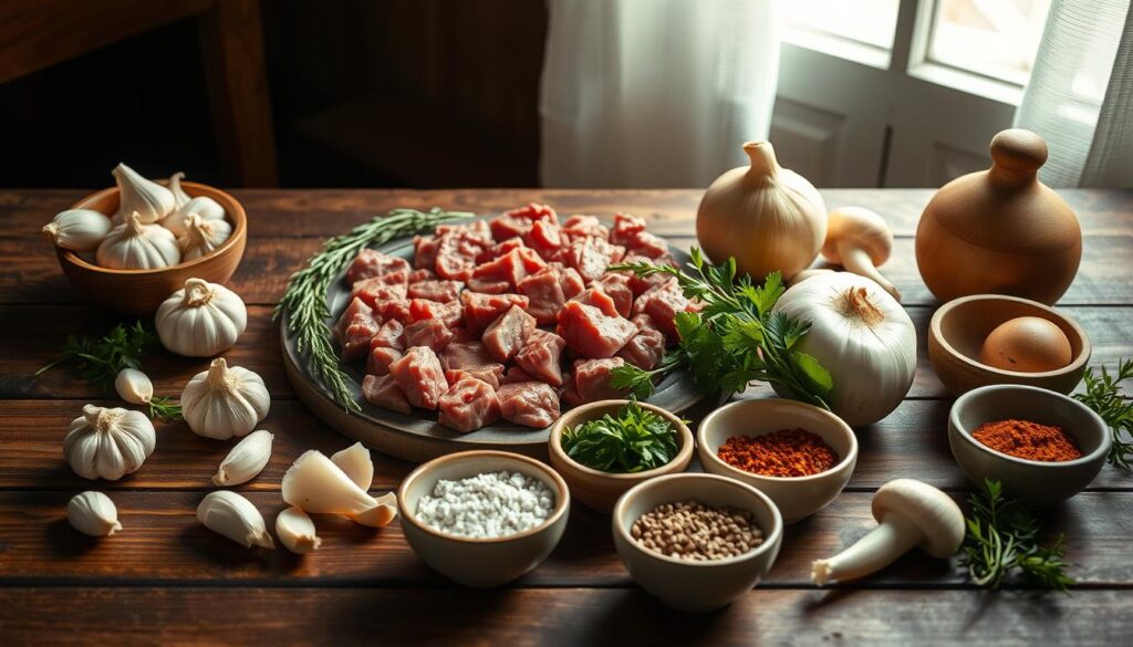A neatly arranged still life depicting the essential ingredients for a delectable beef tips recipe. Centered on a rustic wooden table, the scene showcases tender beef cubes, garlic cloves, onions, mushrooms, and a selection of aromatic herbs and spices in small ceramic bowls. Soft, diffused lighting from an unseen window bathes the composition in a warm, inviting glow, casting gentle shadows that add depth and dimension. The overall atmosphere is one of culinary inspiration, with the ingredients beckoning the viewer to imagine the flavorful dish that could be crafted from this carefully curated selection. A neatly arranged still life depicting the essential ingredients for a delectable beef tips recipe. Centered on a rustic wooden table, the scene showcases tender beef cubes, garlic cloves, onions, mushrooms, and a selection of aromatic herbs and spices in small ceramic bowls. Soft, diffused lighting from an unseen window bathes the composition in a warm, inviting glow, casting gentle shadows that add depth and dimension. The overall atmosphere is one of culinary inspiration, with the ingredients beckoning the viewer to imagine the flavorful dish that could be crafted from this carefully curated selection.