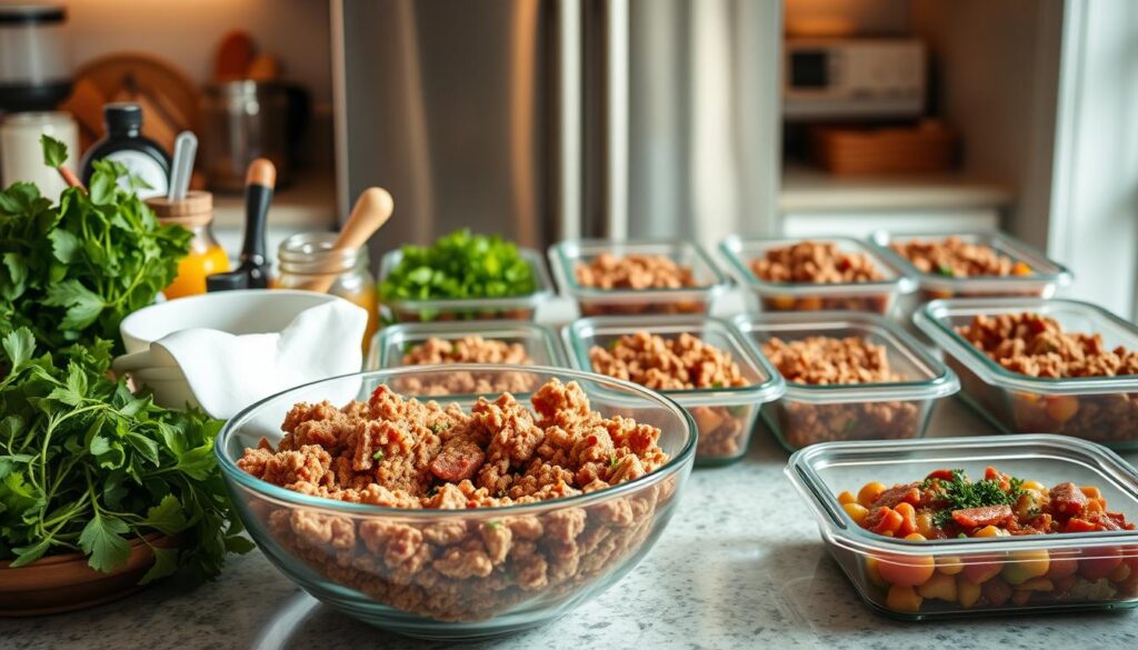 A spacious, well-lit kitchen countertop with a variety of cooking utensils and ingredients. In the foreground, a large mixing bowl filled with freshly ground venison, along with an assortment of fresh herbs, spices, and other seasonings. In the middle ground, several glass meal prep containers filled with pre-portioned venison dishes, ready for storage or reheating. The background features a stainless steel appliance, casting a warm, soft glow over the scene. The overall atmosphere is one of organized efficiency and culinary expertise, perfect for illustrating the process of batch cooking with ground venison. A spacious, well-lit kitchen countertop with a variety of cooking utensils and ingredients. In the foreground, a large mixing bowl filled with freshly ground venison, along with an assortment of fresh herbs, spices, and other seasonings. In the middle ground, several glass meal prep containers filled with pre-portioned venison dishes, ready for storage or reheating. The background features a stainless steel appliance, casting a warm, soft glow over the scene. The overall atmosphere is one of organized efficiency and culinary expertise, perfect for illustrating the process of batch cooking with ground venison.