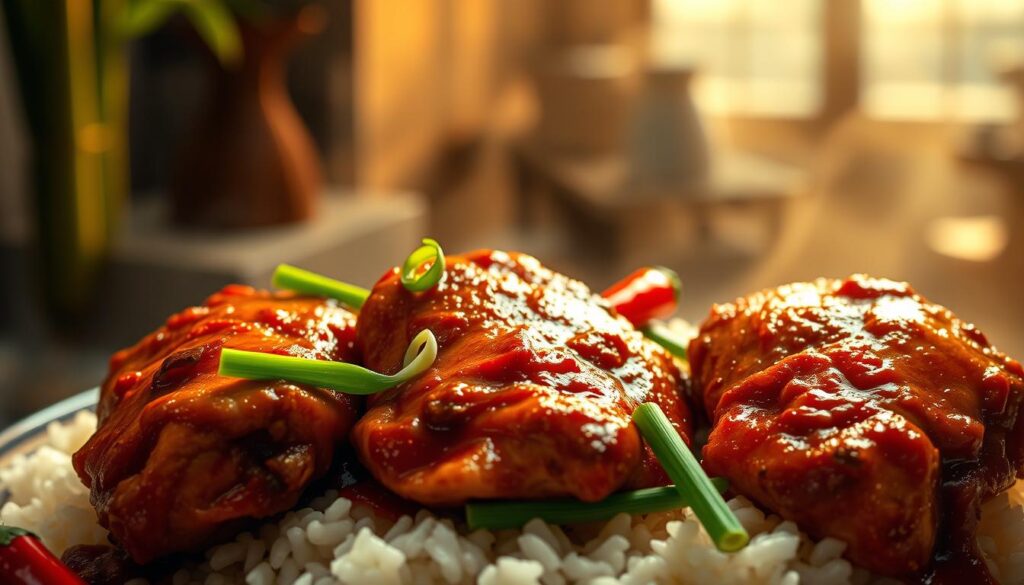 A spicy, flavorful dish of savory Asian-style chicken thighs, simmered in a rich sauce of soy, ginger, garlic, and chili peppers. The chicken thighs are crispy-skinned and juicy, resting atop a bed of fragrant steamed rice. In the foreground, a trio of chicken thighs glistens with the sticky, umami-packed sauce. In the middle ground, vibrant green scallions and fresh red chilies add pops of color and texture. The background is hazy, with the silhouettes of bamboo stalks and a steam-filled kitchen. Warm, diffused lighting casts a golden glow, highlighting the succulent meat and aromatic ingredients. The overall mood is one of comforting, spicy Asian cuisine, ready to be savored. A spicy, flavorful dish of savory Asian-style chicken thighs, simmered in a rich sauce of soy, ginger, garlic, and chili peppers. The chicken thighs are crispy-skinned and juicy, resting atop a bed of fragrant steamed rice. In the foreground, a trio of chicken thighs glistens with the sticky, umami-packed sauce. In the middle ground, vibrant green scallions and fresh red chilies add pops of color and texture. The background is hazy, with the silhouettes of bamboo stalks and a steam-filled kitchen. Warm, diffused lighting casts a golden glow, highlighting the succulent meat and aromatic ingredients. The overall mood is one of comforting, spicy Asian cuisine, ready to be savored.