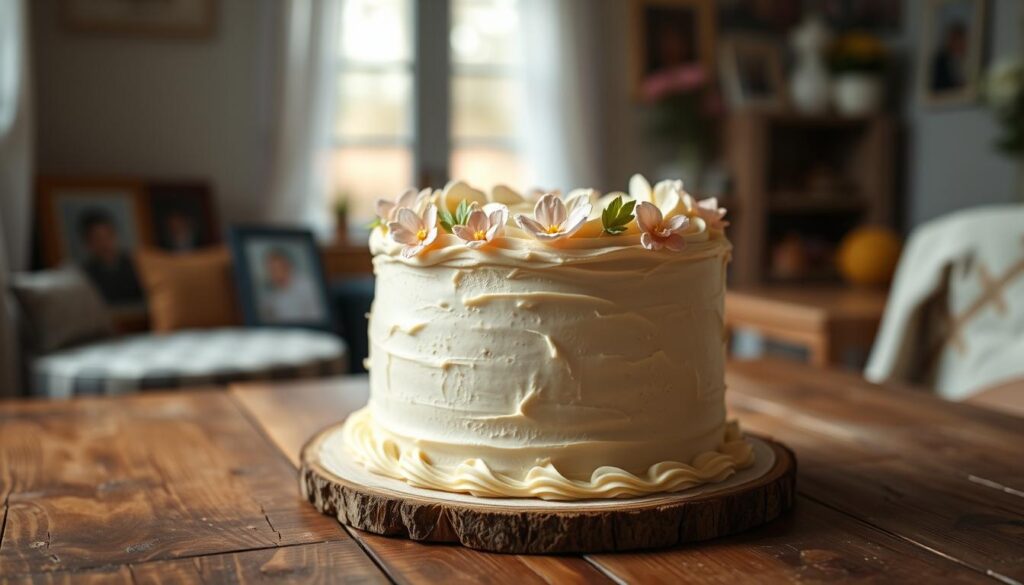 A warm, inviting single-layer birthday cake with buttercream frosting, decorated with delicate pastel-colored flowers and leaves, resting on a rustic wooden table. The lighting is soft and diffused, creating a cozy, intimate atmosphere. In the background, there are hints of family photos and mementos, suggesting a welcoming, personal space. The overall mood is one of understated elegance and a celebration of a single mom's resilience and joyful spirit. A warm, inviting single-layer birthday cake with buttercream frosting, decorated with delicate pastel-colored flowers and leaves, resting on a rustic wooden table. The lighting is soft and diffused, creating a cozy, intimate atmosphere. In the background, there are hints of family photos and mementos, suggesting a welcoming, personal space. The overall mood is one of understated elegance and a celebration of a single mom's resilience and joyful spirit.