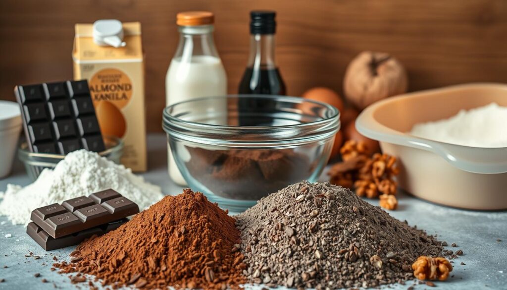 An artfully arranged still life showcasing the essential ingredients for a delectable gluten-free chocolate cake. In the foreground, a selection of premium dark chocolate bars, cocoa powder, and a pile of almond flour. In the middle ground, a glass mixing bowl filled with creamy dairy-free milk, a carton of free-range eggs, and a bottle of pure vanilla extract. In the background, a smattering of walnuts, coconut sugar, and a silicone baking pan reflect the warm, natural lighting. The mood is one of rustic elegance, inviting the viewer to imagine the moist, indulgent cake that could be crafted from these high-quality, gluten-free components. An artfully arranged still life showcasing the essential ingredients for a delectable gluten-free chocolate cake. In the foreground, a selection of premium dark chocolate bars, cocoa powder, and a pile of almond flour. In the middle ground, a glass mixing bowl filled with creamy dairy-free milk, a carton of free-range eggs, and a bottle of pure vanilla extract. In the background, a smattering of walnuts, coconut sugar, and a silicone baking pan reflect the warm, natural lighting. The mood is one of rustic elegance, inviting the viewer to imagine the moist, indulgent cake that could be crafted from these high-quality, gluten-free components.