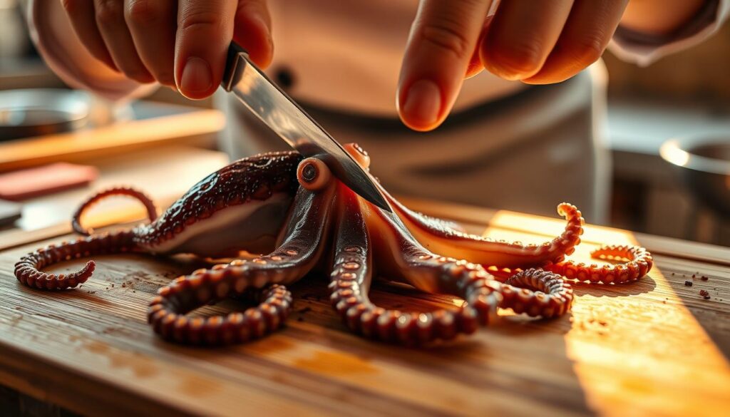 Detailed close-up of a chef's hands carefully preparing a baby octopus for grilling. The octopus is placed on a wooden cutting board, its tentacles delicately splayed out. The chef is using a sharp knife to carefully remove the beak and clean the body, revealing the translucent flesh. Warm sunlight streams in through a window, casting a soft glow on the scene. The background is blurred, keeping the focus on the intricate process of preparing the octopus. The mood is one of precision, care, and anticipation for the delicious meal to come. Detailed close-up of a chef's hands carefully preparing a baby octopus for grilling. The octopus is placed on a wooden cutting board, its tentacles delicately splayed out. The chef is using a sharp knife to carefully remove the beak and clean the body, revealing the translucent flesh. Warm sunlight streams in through a window, casting a soft glow on the scene. The background is blurred, keeping the focus on the intricate process of preparing the octopus. The mood is one of precision, care, and anticipation for the delicious meal to come.