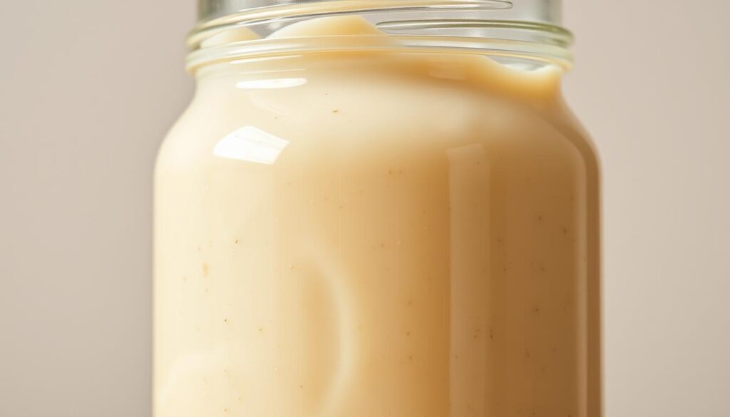 Detailed close-up of a creamy, light-colored salad dressing in a clear glass jar, reflecting the glossy surface of the liquid and highlights from the lighting. The dressing has a thick, smooth texture and appears to be made from a blend of mayonnaise, vinegar, and spices. The jar is set against a plain, neutral background, allowing the dressing to be the focal point. The lighting is soft and diffused, creating a warm, appetizing atmosphere that showcases the rich, indulgent nature of the dressing. The composition emphasizes the texture and viscosity of the dressing, hinting at the secret ingredients and flavor profile of the famous Big Mac salad dressing. Detailed close-up of a creamy, light-colored salad dressing in a clear glass jar, reflecting the glossy surface of the liquid and highlights from the lighting. The dressing has a thick, smooth texture and appears to be made from a blend of mayonnaise, vinegar, and spices. The jar is set against a plain, neutral background, allowing the dressing to be the focal point. The lighting is soft and diffused, creating a warm, appetizing atmosphere that showcases the rich, indulgent nature of the dressing. The composition emphasizes the texture and viscosity of the dressing, hinting at the secret ingredients and flavor profile of the famous Big Mac salad dressing.