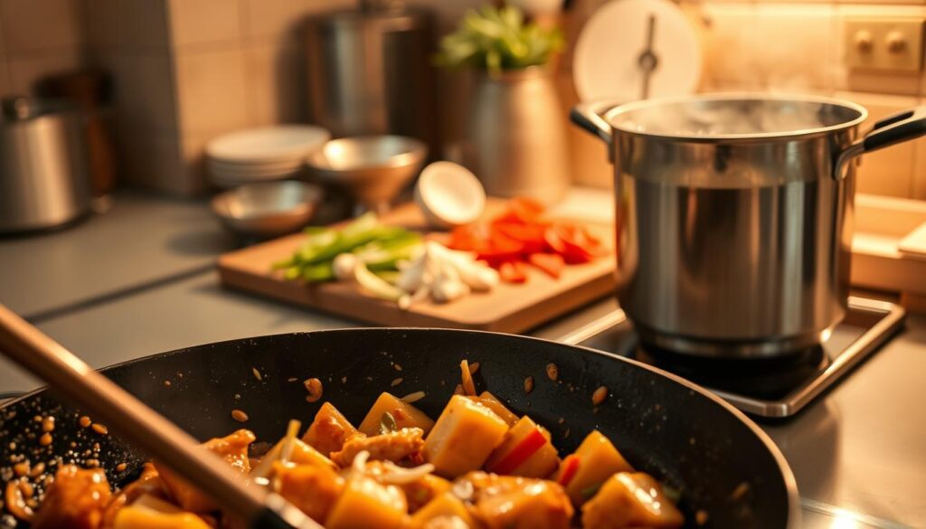 Detailed close-up shot of various cooking methods for Bang Bang Chicken, captured with a wide-angle lens in a warm, softly-lit kitchen setting. In the foreground, a sizzling wok showcases the process of stir-frying the chicken in a rich, creamy sauce. In the middle ground, a cutting board with julienned vegetables, ginger, and garlic ready for prep. In the background, a steaming pot of simmering broth, hinting at the poaching technique. Subtle textures and highlights convey the flavorful, aromatic experience of preparing this irresistible dish. Detailed close-up shot of various cooking methods for Bang Bang Chicken, captured with a wide-angle lens in a warm, softly-lit kitchen setting. In the foreground, a sizzling wok showcases the process of stir-frying the chicken in a rich, creamy sauce. In the middle ground, a cutting board with julienned vegetables, ginger, and garlic ready for prep. In the background, a steaming pot of simmering broth, hinting at the poaching technique. Subtle textures and highlights convey the flavorful, aromatic experience of preparing this irresistible dish.