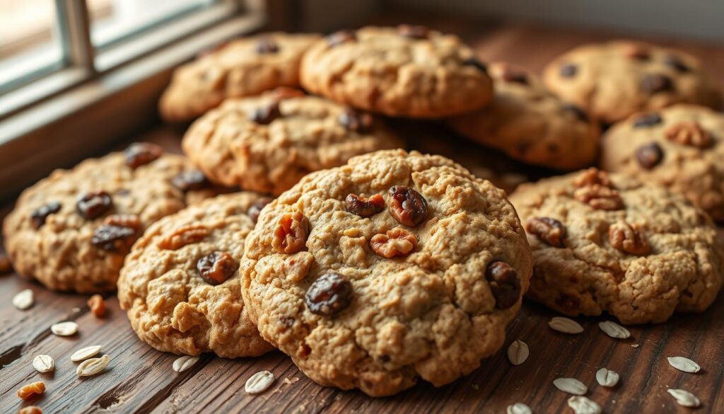 Freshly baked oatmeal breakfast cookies, crisp on the outside and chewy within, arranged on a rustic wooden table. The cookies are golden-brown, dotted with plump raisins and crunchy walnuts, emanating an inviting aroma of cinnamon and brown sugar. Soft, diffused lighting from a nearby window casts a warm glow, highlighting the appealing texture of the cookies. The tabletop is scattered with a few scattered oats, giving a sense of homemade authenticity. The overall scene conveys the comforting and wholesome nature of these classic oatmeal breakfast treats. Freshly baked oatmeal breakfast cookies, crisp on the outside and chewy within, arranged on a rustic wooden table. The cookies are golden-brown, dotted with plump raisins and crunchy walnuts, emanating an inviting aroma of cinnamon and brown sugar. Soft, diffused lighting from a nearby window casts a warm glow, highlighting the appealing texture of the cookies. The tabletop is scattered with a few scattered oats, giving a sense of homemade authenticity. The overall scene conveys the comforting and wholesome nature of these classic oatmeal breakfast treats.