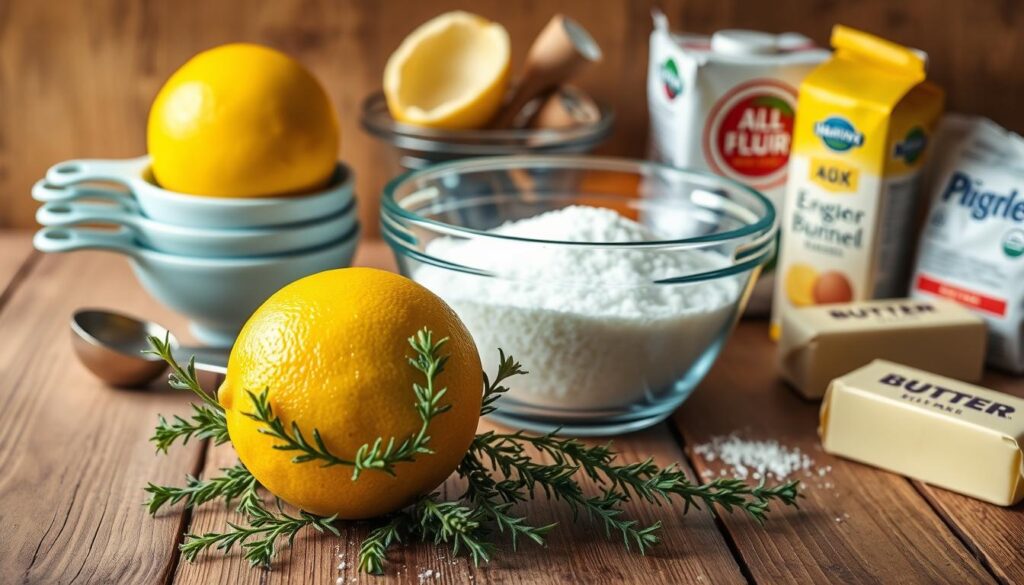 Neatly arranged on a rustic wooden table, a bountiful collection of essential ingredients for a perfect lemon bundt cake. In the foreground, a bright yellow lemon, its rind glistening, surrounded by sprigs of fresh thyme. Behind it, a stack of measuring cups and spoons, ready to precisely portion the dry and wet components. In the middle ground, a glass bowl filled with granulated sugar, its crystals sparkling under the warm, soft lighting. In the background, a carton of eggs, a stick of butter, and a bag of all-purpose flour, hinting at the delicate balance of flavors and textures to come. The composition evokes a sense of culinary anticipation, inviting the viewer to imagine the aromatic and zesty lemon bundt cake soon to be baked. Neatly arranged on a rustic wooden table, a bountiful collection of essential ingredients for a perfect lemon bundt cake. In the foreground, a bright yellow lemon, its rind glistening, surrounded by sprigs of fresh thyme. Behind it, a stack of measuring cups and spoons, ready to precisely portion the dry and wet components. In the middle ground, a glass bowl filled with granulated sugar, its crystals sparkling under the warm, soft lighting. In the background, a carton of eggs, a stick of butter, and a bag of all-purpose flour, hinting at the delicate balance of flavors and textures to come. The composition evokes a sense of culinary anticipation, inviting the viewer to imagine the aromatic and zesty lemon bundt cake soon to be baked.