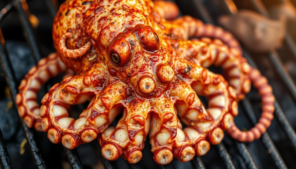 Seasoned baby octopus sizzling on a charcoal grill, with a golden-brown caramelized exterior and tender, juicy flesh. Close-up shot from above, highlighting the intricate tentacles coated in a flavorful blend of aromatic spices - paprika, garlic, lemon zest, and a hint of chili. Grill marks crisscross the surface, creating a visually appealing pattern. The background is blurred, emphasizing the main subject and its mouthwatering details. Warm, golden lighting casts gentle shadows, accentuating the octopus's natural textures and the sizzling of the grill. The overall scene evokes the scent and anticipation of a perfectly grilled, seasoned octopus dish. Seasoned baby octopus sizzling on a charcoal grill, with a golden-brown caramelized exterior and tender, juicy flesh. Close-up shot from above, highlighting the intricate tentacles coated in a flavorful blend of aromatic spices - paprika, garlic, lemon zest, and a hint of chili. Grill marks crisscross the surface, creating a visually appealing pattern. The background is blurred, emphasizing the main subject and its mouthwatering details. Warm, golden lighting casts gentle shadows, accentuating the octopus's natural textures and the sizzling of the grill. The overall scene evokes the scent and anticipation of a perfectly grilled, seasoned octopus dish.