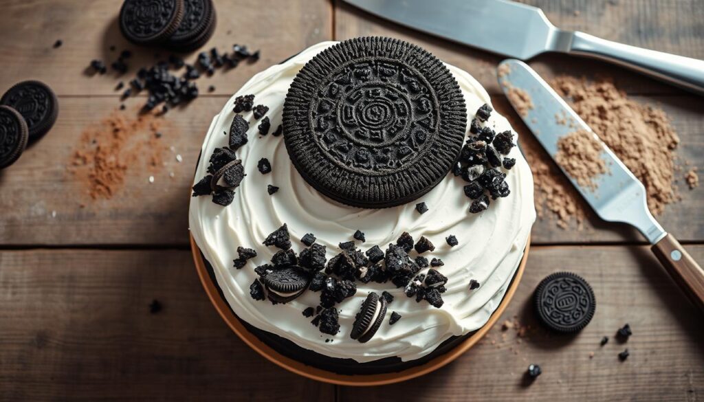 A beautifully lit overhead shot of a homemade Oreo cake being assembled on a rustic wooden surface. In the foreground, creamy white frosting is carefully smoothed over the top and sides of a dark chocolate cake layer, with crumbled Oreo cookies scattered artfully around the edges. In the middle ground, a second cake layer is being placed on top, its surface gently pressed to adhere to the frosting. The background features a few whole Oreo cookies, a dusting of cocoa powder, and a stainless steel spatula, creating a composed, professional-looking scene. Soft natural lighting from above casts gentle shadows, enhancing the textures and creating a warm, inviting atmosphere. A beautifully lit overhead shot of a homemade Oreo cake being assembled on a rustic wooden surface. In the foreground, creamy white frosting is carefully smoothed over the top and sides of a dark chocolate cake layer, with crumbled Oreo cookies scattered artfully around the edges. In the middle ground, a second cake layer is being placed on top, its surface gently pressed to adhere to the frosting. The background features a few whole Oreo cookies, a dusting of cocoa powder, and a stainless steel spatula, creating a composed, professional-looking scene. Soft natural lighting from above casts gentle shadows, enhancing the textures and creating a warm, inviting atmosphere.