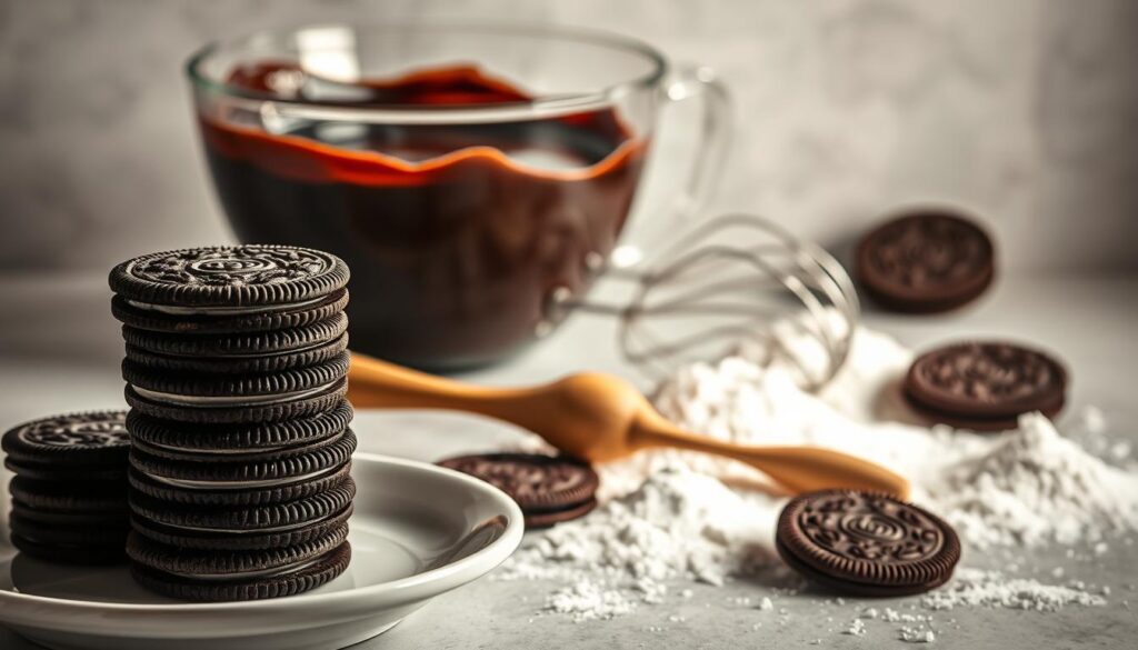 A beautifully lit still life capturing the essential ingredients for a homemade Oreo cake. In the foreground, a stack of Oreo cookies sits atop a white ceramic plate, their dark chocolate wafers and creamy filling arranged in an elegant, symmetrical pattern. Behind them, a glass bowl of rich, velvety chocolate ganache takes center stage, its glossy surface reflecting the warm, soft lighting from above. In the middle ground, a metal hand mixer and a wooden spoon lay nestled amongst a scattering of all-purpose flour, granulated sugar, and baking powder, hinting at the baking process to come. In the background, a neutral-colored backdrop provides a clean, minimalist setting, allowing the ingredients to shine. The overall mood is one of culinary anticipation and artisanal craftsmanship, perfectly capturing the essence of the homemade Oreo cake. A beautifully lit still life capturing the essential ingredients for a homemade Oreo cake. In the foreground, a stack of Oreo cookies sits atop a white ceramic plate, their dark chocolate wafers and creamy filling arranged in an elegant, symmetrical pattern. Behind them, a glass bowl of rich, velvety chocolate ganache takes center stage, its glossy surface reflecting the warm, soft lighting from above. In the middle ground, a metal hand mixer and a wooden spoon lay nestled amongst a scattering of all-purpose flour, granulated sugar, and baking powder, hinting at the baking process to come. In the background, a neutral-colored backdrop provides a clean, minimalist setting, allowing the ingredients to shine. The overall mood is one of culinary anticipation and artisanal craftsmanship, perfectly capturing the essence of the homemade Oreo cake.