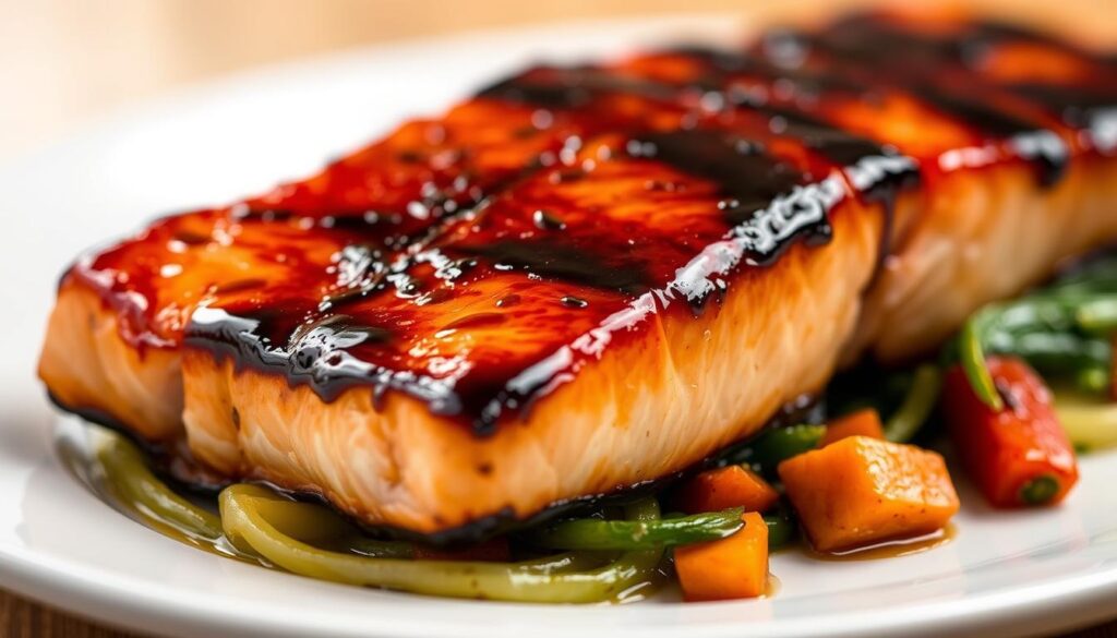 A close-up shot of a beautifully seared salmon fillet, its surface glistening with a rich, glossy miso glaze. The fish is positioned atop a bed of steamed vegetables, the vibrant colors of the greens and root vegetables creating a visually striking contrast. Soft, warm lighting from above casts a gentle glow, accentuating the tender flakiness of the salmon and the caramelized edges. The composition is framed with a simple, minimalist background, allowing the star of the dish to take center stage. Exuding an air of culinary sophistication and mouthwatering appeal, this image perfectly captures the essence of the "Chef's Tips for Perfecting Your Miso Salmon" section. A close-up shot of a beautifully seared salmon fillet, its surface glistening with a rich, glossy miso glaze. The fish is positioned atop a bed of steamed vegetables, the vibrant colors of the greens and root vegetables creating a visually striking contrast. Soft, warm lighting from above casts a gentle glow, accentuating the tender flakiness of the salmon and the caramelized edges. The composition is framed with a simple, minimalist background, allowing the star of the dish to take center stage. Exuding an air of culinary sophistication and mouthwatering appeal, this image perfectly captures the essence of the "Chef's Tips for Perfecting Your Miso Salmon" section.