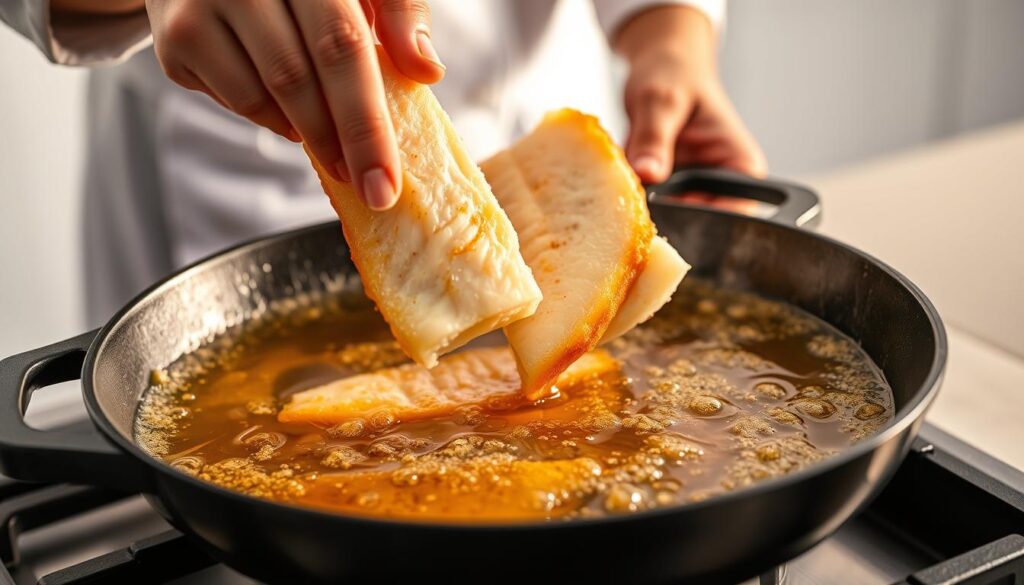 A close-up shot of a chef's hands carefully lowering fresh fish fillets into a large, sizzling cast-iron skillet filled with golden, bubbling vegetable oil. The light from the stovetop casts a warm, amber glow, illuminating the delicate batter as it sears and crisps to a perfect golden-brown hue. The scene is framed against a slightly blurred backdrop, with just a hint of a clean, minimalist kitchen visible in the periphery, lending an air of focus and precision to the frying technique on display. A close-up shot of a chef's hands carefully lowering fresh fish fillets into a large, sizzling cast-iron skillet filled with golden, bubbling vegetable oil. The light from the stovetop casts a warm, amber glow, illuminating the delicate batter as it sears and crisps to a perfect golden-brown hue. The scene is framed against a slightly blurred backdrop, with just a hint of a clean, minimalist kitchen visible in the periphery, lending an air of focus and precision to the frying technique on display.