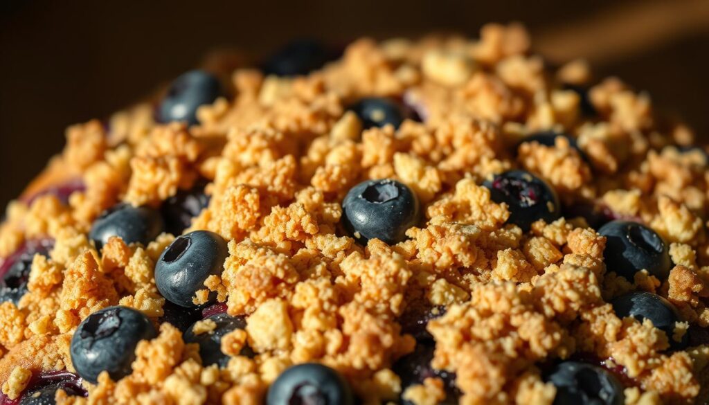 A close-up shot of a delicious blueberry coffee cake, showcasing the streusel topping in exquisite detail. The crumbly, golden-brown streusel is sprinkled generously over the moist, deep-blue blueberries, creating a visually striking contrast. The cake is lit from the side, casting warm, soft shadows that accentuate the texture of the streusel. The image is captured with a shallow depth of field, keeping the streusel in sharp focus while the background is pleasantly blurred. The overall mood is one of comforting indulgence, inviting the viewer to imagine the aroma and taste of this homemade treat. A close-up shot of a delicious blueberry coffee cake, showcasing the streusel topping in exquisite detail. The crumbly, golden-brown streusel is sprinkled generously over the moist, deep-blue blueberries, creating a visually striking contrast. The cake is lit from the side, casting warm, soft shadows that accentuate the texture of the streusel. The image is captured with a shallow depth of field, keeping the streusel in sharp focus while the background is pleasantly blurred. The overall mood is one of comforting indulgence, inviting the viewer to imagine the aroma and taste of this homemade treat.