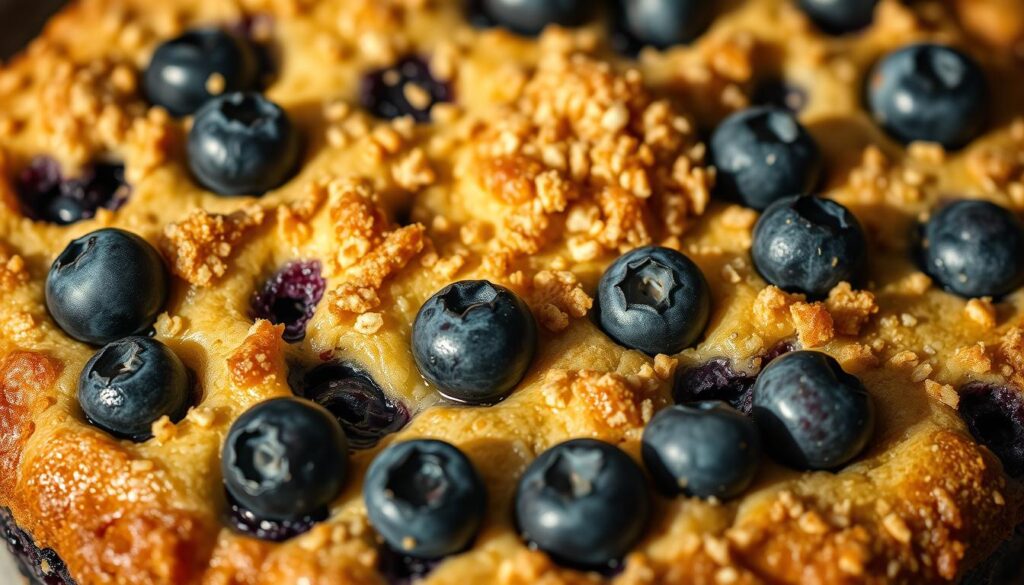 A close-up shot of a freshly baked blueberry coffee cake, revealing its soft, moist texture. The surface is dotted with plump, juicy blueberries that have burst open, releasing their vibrant indigo hues. Flecks of golden-brown streusel topping adorn the cake, creating a delightful contrast in both color and texture. The lighting is warm and inviting, casting gentle shadows that accentuate the cake's delicate crumb structure. The camera angle is slightly elevated, providing a tantalizing view of the cake's layered composition. The overall mood is one of irresistible homemade goodness, beckoning the viewer to reach out and take a bite. A close-up shot of a freshly baked blueberry coffee cake, revealing its soft, moist texture. The surface is dotted with plump, juicy blueberries that have burst open, releasing their vibrant indigo hues. Flecks of golden-brown streusel topping adorn the cake, creating a delightful contrast in both color and texture. The lighting is warm and inviting, casting gentle shadows that accentuate the cake's delicate crumb structure. The camera angle is slightly elevated, providing a tantalizing view of the cake's layered composition. The overall mood is one of irresistible homemade goodness, beckoning the viewer to reach out and take a bite.