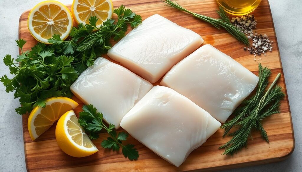 A close-up shot of a wooden cutting board, showcasing a selection of fresh, high-quality cod fillets, along with a variety of essential ingredients for a delicious oven-baked cod recipe. The fillets are glistening, their flaky texture and vibrant white color hinting at their freshness. Surrounding the cod are neatly arranged piles of fragrant herbs, such as parsley and dill, as well as lemon wedges, olive oil, and a sprinkle of sea salt and black pepper. The lighting is soft and natural, accentuating the textures and colors of the ingredients. The overall composition is clean, well-balanced, and inviting, conveying the simplicity and elegance of a homemade, oven-baked cod dish. A close-up shot of a wooden cutting board, showcasing a selection of fresh, high-quality cod fillets, along with a variety of essential ingredients for a delicious oven-baked cod recipe. The fillets are glistening, their flaky texture and vibrant white color hinting at their freshness. Surrounding the cod are neatly arranged piles of fragrant herbs, such as parsley and dill, as well as lemon wedges, olive oil, and a sprinkle of sea salt and black pepper. The lighting is soft and natural, accentuating the textures and colors of the ingredients. The overall composition is clean, well-balanced, and inviting, conveying the simplicity and elegance of a homemade, oven-baked cod dish.