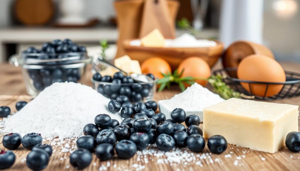 A close-up shot of a wooden table top showcasing the essential ingredients for a delicious blueberry coffee cake. In the foreground, fresh blueberries, sugar, butter, and eggs are arranged in an appealing composition. In the middle ground, a bowl of flour, baking powder, and a mixing spoon create a sense of preparation. The background features a rustic, light-filled kitchen setting, with a few sprigs of fresh herbs adding a touch of natural elegance. The lighting is soft and natural, creating a warm, inviting atmosphere that captures the essence of homemade baking. A close-up shot of a wooden table top showcasing the essential ingredients for a delicious blueberry coffee cake. In the foreground, fresh blueberries, sugar, butter, and eggs are arranged in an appealing composition. In the middle ground, a bowl of flour, baking powder, and a mixing spoon create a sense of preparation. The background features a rustic, light-filled kitchen setting, with a few sprigs of fresh herbs adding a touch of natural elegance. The lighting is soft and natural, creating a warm, inviting atmosphere that captures the essence of homemade baking.