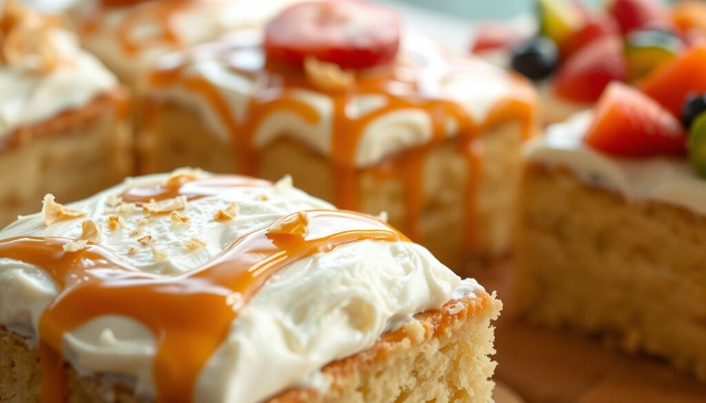 A close-up shot of an assortment of tres leches cake variations, captured in soft, natural lighting. In the foreground, a rich, moist tres leches cake with a delicate crumb, topped with a velvety whipped cream frosting and drizzled with a luscious caramel sauce. In the middle ground, a variation featuring swirls of dulce de leche and toasted coconut flakes. In the background, a creamy tres leches cake with a vibrant fruit topping, such as fresh strawberries or a medley of tropical fruits. The scene exudes an inviting, indulgent atmosphere, showcasing the diverse and delectable interpretations of this beloved Latin American dessert. A close-up shot of an assortment of tres leches cake variations, captured in soft, natural lighting. In the foreground, a rich, moist tres leches cake with a delicate crumb, topped with a velvety whipped cream frosting and drizzled with a luscious caramel sauce. In the middle ground, a variation featuring swirls of dulce de leche and toasted coconut flakes. In the background, a creamy tres leches cake with a vibrant fruit topping, such as fresh strawberries or a medley of tropical fruits. The scene exudes an inviting, indulgent atmosphere, showcasing the diverse and delectable interpretations of this beloved Latin American dessert.