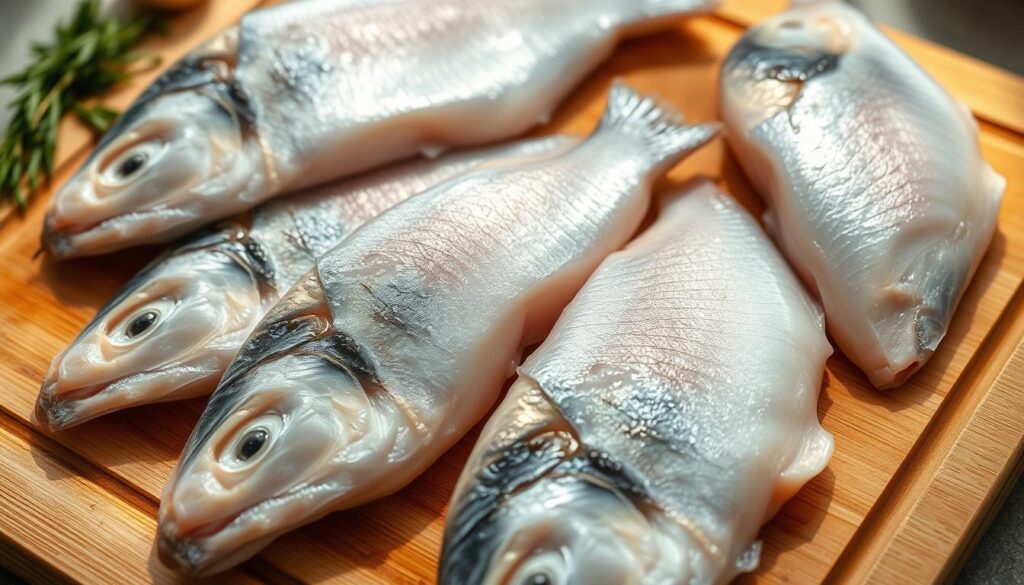 A close-up shot of several fresh, whole cod fish fillets being carefully selected on a wooden cutting board. The fillets have a glistening, silvery skin and display a firm, flaky texture. Soft, natural lighting from the side creates subtle shadows, highlighting the contours and details of the fish. The scene conveys a sense of discernment and attention to quality, as if the viewer is assessing the best cod fish for an upcoming baking recipe. The background is slightly blurred, keeping the focus on the expertly chosen cod fillets in the foreground. A close-up shot of several fresh, whole cod fish fillets being carefully selected on a wooden cutting board. The fillets have a glistening, silvery skin and display a firm, flaky texture. Soft, natural lighting from the side creates subtle shadows, highlighting the contours and details of the fish. The scene conveys a sense of discernment and attention to quality, as if the viewer is assessing the best cod fish for an upcoming baking recipe. The background is slightly blurred, keeping the focus on the expertly chosen cod fillets in the foreground.