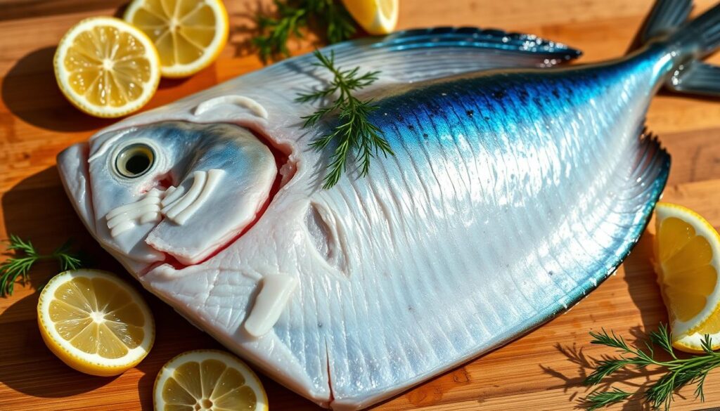 A close-up view of a fresh, whole mahi-mahi fish fillet, with delicate white flesh and a vibrant, iridescent blue-green skin. The fillet is arranged on a wooden cutting board, surrounded by sliced lemon wedges, sprigs of fresh dill, and a scattering of nutritional information icons, such as heart, muscle, and vitamin symbols. The lighting is soft and natural, casting gentle shadows and highlighting the fish's texture and color. The overall composition emphasizes the fish's health benefits, creating a visually appealing and informative representation of the "Nutritional Benefits of Mahi-Mahi". A close-up view of a fresh, whole mahi-mahi fish fillet, with delicate white flesh and a vibrant, iridescent blue-green skin. The fillet is arranged on a wooden cutting board, surrounded by sliced lemon wedges, sprigs of fresh dill, and a scattering of nutritional information icons, such as heart, muscle, and vitamin symbols. The lighting is soft and natural, casting gentle shadows and highlighting the fish's texture and color. The overall composition emphasizes the fish's health benefits, creating a visually appealing and informative representation of the "Nutritional Benefits of Mahi-Mahi".