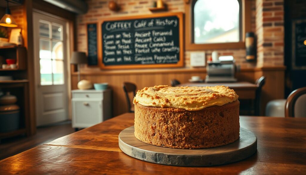 A cozy, vintage coffee shop interior, with hardwood floors, exposed brick walls, and warm lighting. On a wooden table, a delectable coffee cake takes center stage, its swirls of cinnamon and crumbly topping glistening invitingly. In the background, a chalkboard menu lists the history of this beloved pastry, tracing its origins from ancient Persia to its modern-day status as a beloved comfort food. A soft, dreamy lens captures the scene, conveying the rich, comforting atmosphere of this timeless baking tradition. A cozy, vintage coffee shop interior, with hardwood floors, exposed brick walls, and warm lighting. On a wooden table, a delectable coffee cake takes center stage, its swirls of cinnamon and crumbly topping glistening invitingly. In the background, a chalkboard menu lists the history of this beloved pastry, tracing its origins from ancient Persia to its modern-day status as a beloved comfort food. A soft, dreamy lens captures the scene, conveying the rich, comforting atmosphere of this timeless baking tradition.