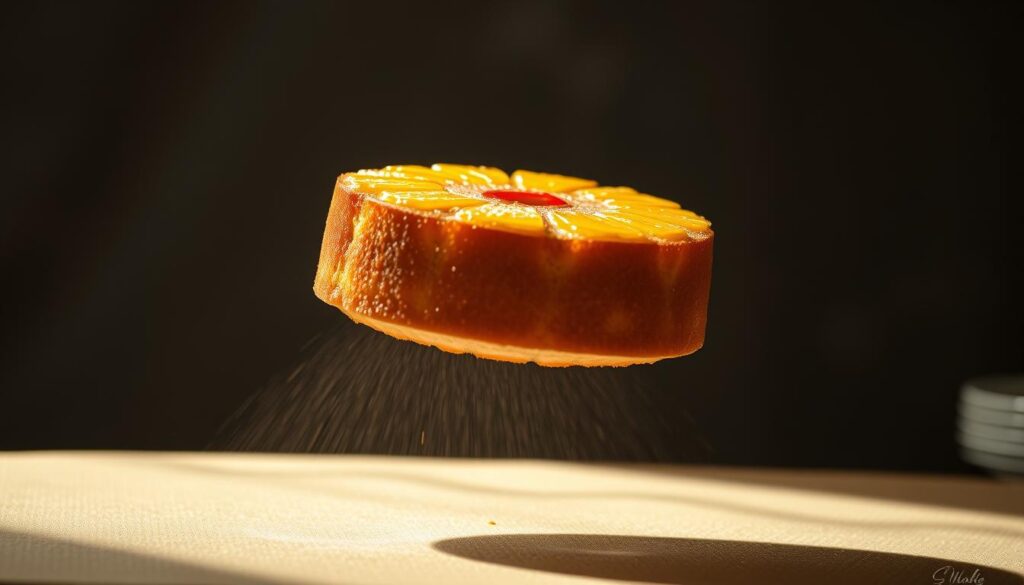 A crisp, golden pineapple upside down cake flipping gracefully through the air, captured mid-flip. The cake spins with precise control, its caramelized top glistening under warm, dramatic lighting that casts dramatic shadows. The viewer is positioned at an angle, looking up towards the cake as it rotates, emphasizing the critical moment of the flip. The background is blurred, keeping the focus on the cake's mesmerizing motion and the delicate balance required to execute this technique flawlessly. A crisp, golden pineapple upside down cake flipping gracefully through the air, captured mid-flip. The cake spins with precise control, its caramelized top glistening under warm, dramatic lighting that casts dramatic shadows. The viewer is positioned at an angle, looking up towards the cake as it rotates, emphasizing the critical moment of the flip. The background is blurred, keeping the focus on the cake's mesmerizing motion and the delicate balance required to execute this technique flawlessly.