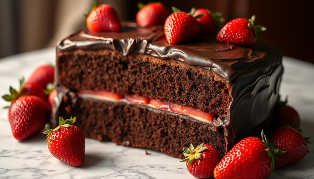 A decadent chocolate strawberry cake sits on a marble table, its rich, dark chocolate frosting glistening under soft, warm lighting. Ripe, juicy strawberries are arranged artfully around the cake, their crimson hues providing a vibrant contrast. The cake's layers are visible, showcasing the moist, chocolatey crumb and the vibrant red of the strawberry filling. The scene is captured with a shallow depth of field, drawing the viewer's eye to the centerpiece of the dessert. The overall mood is one of indulgence and elegance, befitting the history and legacy of this beloved confection. A decadent chocolate strawberry cake sits on a marble table, its rich, dark chocolate frosting glistening under soft, warm lighting. Ripe, juicy strawberries are arranged artfully around the cake, their crimson hues providing a vibrant contrast. The cake's layers are visible, showcasing the moist, chocolatey crumb and the vibrant red of the strawberry filling. The scene is captured with a shallow depth of field, drawing the viewer's eye to the centerpiece of the dessert. The overall mood is one of indulgence and elegance, befitting the history and legacy of this beloved confection.