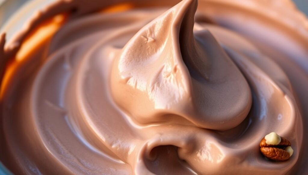 A delectable close-up of a bowl filled with rich, creamy German chocolate cake frosting. The frosting is a luxurious blend of coconut, pecans, and a touch of sweetness, perfectly showcasing its classic flavor profile. Lighting is soft and diffused, casting a warm, inviting glow on the frosting's glossy, voluptuous texture. The camera angle is slightly elevated, providing an enticing, almost tactile view of the decadent frosting. The background is slightly blurred, keeping the focus solely on the star of the scene - the irresistible German chocolate cake frosting, ready to be dolloped generously onto a freshly baked cake.