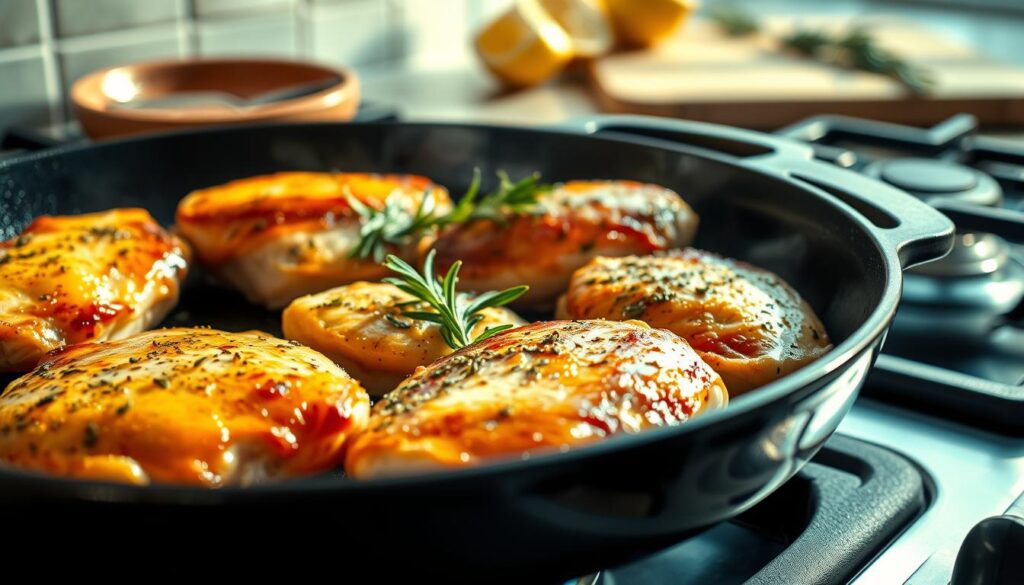 A delectable close-up of freshly cooked chicken breasts, sizzling in a cast-iron skillet over a gas stove with a warm, golden-brown sear. The juicy, tender meat is garnished with fresh herbs like rosemary and thyme, adding a savory, aromatic touch. The scene is bathed in soft, natural lighting, casting gentle shadows and highlights that accentuate the succulent texture of the chicken. In the background, a minimalist kitchen counter with a few simple ingredients, such as lemon wedges and a cutting board, create a sense of a quick, effortless meal preparation. The overall mood is one of culinary simplicity and inviting comfort, perfectly capturing the essence of "Quick and Easy Chicken Breast Recipes for Busy Weeknights." A delectable close-up of freshly cooked chicken breasts, sizzling in a cast-iron skillet over a gas stove with a warm, golden-brown sear. The juicy, tender meat is garnished with fresh herbs like rosemary and thyme, adding a savory, aromatic touch. The scene is bathed in soft, natural lighting, casting gentle shadows and highlights that accentuate the succulent texture of the chicken. In the background, a minimalist kitchen counter with a few simple ingredients, such as lemon wedges and a cutting board, create a sense of a quick, effortless meal preparation. The overall mood is one of culinary simplicity and inviting comfort, perfectly capturing the essence of "Quick and Easy Chicken Breast Recipes for Busy Weeknights."