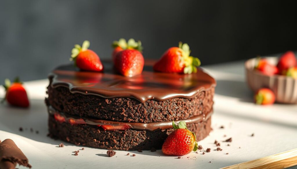 A delectable, decadent chocolate strawberry cake, its layers of moist, rich chocolate sponge enveloped in a silky ganache frosting. Vibrant, juicy strawberries dot the surface, their crimson hues creating a striking contrast against the dark chocolate. Gentle side lighting casts a warm, inviting glow, highlighting the cake's luscious, tempting texture. The scene is set against a softly blurred background, allowing the cake to take center stage, beckoning the viewer to indulge in its irresistible flavors. Meticulously crafted, this sumptuous dessert embodies the art of baking, a testament to the skill and attention to detail required to create such an exquisite chocolate strawberry cake. A delectable, decadent chocolate strawberry cake, its layers of moist, rich chocolate sponge enveloped in a silky ganache frosting. Vibrant, juicy strawberries dot the surface, their crimson hues creating a striking contrast against the dark chocolate. Gentle side lighting casts a warm, inviting glow, highlighting the cake's luscious, tempting texture. The scene is set against a softly blurred background, allowing the cake to take center stage, beckoning the viewer to indulge in its irresistible flavors. Meticulously crafted, this sumptuous dessert embodies the art of baking, a testament to the skill and attention to detail required to create such an exquisite chocolate strawberry cake.