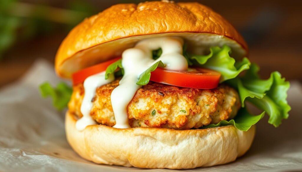 A delectable gourmet crab cake sandwich, nestled between two soft, lightly toasted brioche buns. The crab cakes, expertly crafted, are golden-brown on the outside and bursting with succulent, flavorful crab meat on the inside. A creamy, tangy lemon-dill aioli sauce drizzles over the crab cakes, complementing their savory richness. Crisp, fresh lettuce and juicy tomato slices add vibrant pops of color and texture. Bathed in warm, natural lighting and shot at a slight angle, the sandwich appears mouthwatering and irresistible, perfectly showcasing the best bread options and signature sauces for this seafood delight. A delectable gourmet crab cake sandwich, nestled between two soft, lightly toasted brioche buns. The crab cakes, expertly crafted, are golden-brown on the outside and bursting with succulent, flavorful crab meat on the inside. A creamy, tangy lemon-dill aioli sauce drizzles over the crab cakes, complementing their savory richness. Crisp, fresh lettuce and juicy tomato slices add vibrant pops of color and texture. Bathed in warm, natural lighting and shot at a slight angle, the sandwich appears mouthwatering and irresistible, perfectly showcasing the best bread options and signature sauces for this seafood delight.
