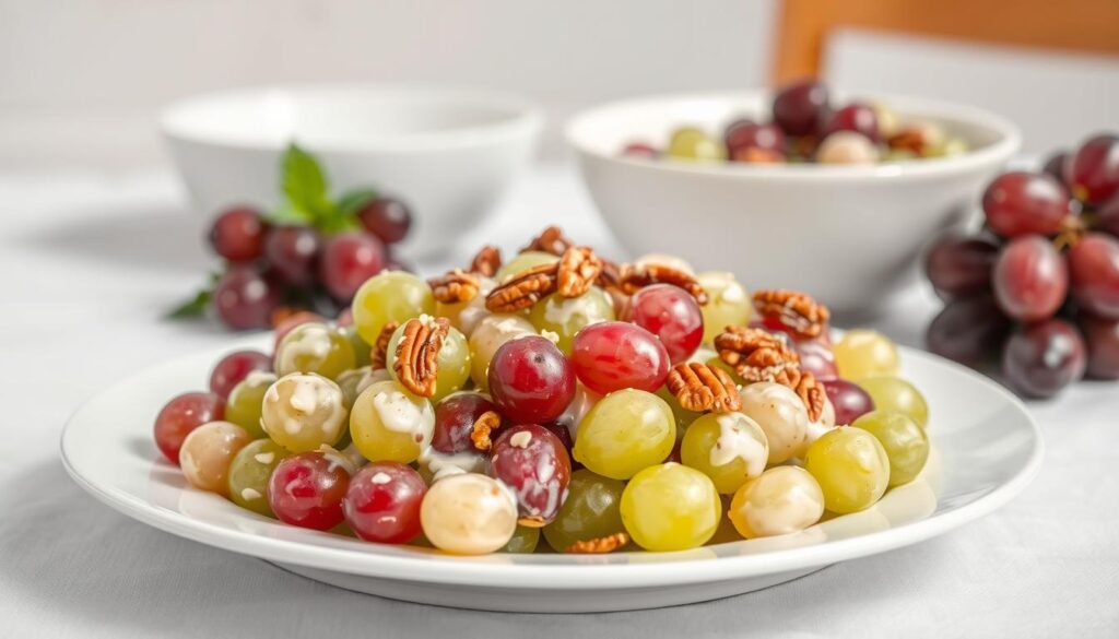A delectable grape salad nestled on a crisp white plate, the plump, juicy grapes glistening under the soft, natural lighting. In the foreground, the salad is composed of a medley of green and red seedless grapes, tossed in a creamy, tangy dressing, sprinkled with a dusting of toasted pecans. The middle ground features a simple, elegant table setting, with a minimalist white ceramic bowl and a sprig of fresh mint, complementing the vibrant colors of the salad. The background is softly blurred, creating a serene, inviting atmosphere, emphasizing the simplicity and freshness of this perfect grape salad recipe. A delectable grape salad nestled on a crisp white plate, the plump, juicy grapes glistening under the soft, natural lighting. In the foreground, the salad is composed of a medley of green and red seedless grapes, tossed in a creamy, tangy dressing, sprinkled with a dusting of toasted pecans. The middle ground features a simple, elegant table setting, with a minimalist white ceramic bowl and a sprig of fresh mint, complementing the vibrant colors of the salad. The background is softly blurred, creating a serene, inviting atmosphere, emphasizing the simplicity and freshness of this perfect grape salad recipe.