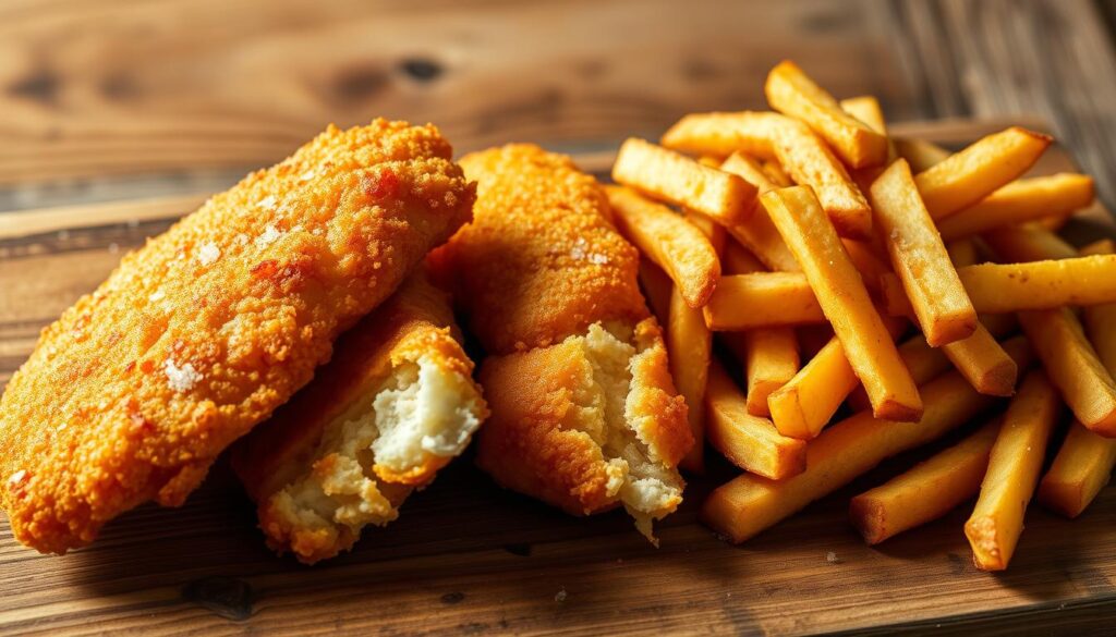 A delectable spread of freshly fried golden-brown cod fillets, their crisp batter shimmering under warm studio lighting. Beside them, a generous portion of hand-cut russet potato fries, fried to perfection and seasoned with a dusting of sea salt. In the background, a classic wooden serving tray, its weathered surface providing a rustic contrast. The scene is captured with a wide-angle lens, emphasizing the hearty, comforting nature of this quintessential British dish. The mood is one of homely elegance, inviting the viewer to imagine the satisfying crunch and flavor of this timeless culinary pairing. A delectable spread of freshly fried golden-brown cod fillets, their crisp batter shimmering under warm studio lighting. Beside them, a generous portion of hand-cut russet potato fries, fried to perfection and seasoned with a dusting of sea salt. In the background, a classic wooden serving tray, its weathered surface providing a rustic contrast. The scene is captured with a wide-angle lens, emphasizing the hearty, comforting nature of this quintessential British dish. The mood is one of homely elegance, inviting the viewer to imagine the satisfying crunch and flavor of this timeless culinary pairing.