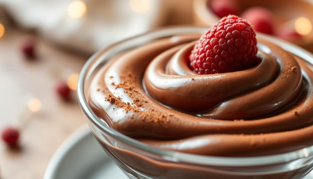 A delectable vegan chocolate mousse, creamy and rich, presented in a clear glass bowl. The smooth, glossy surface reflects the warm, soft lighting from above, creating a cozy, inviting atmosphere. The mousse is garnished with a light dusting of cocoa powder and a single fresh raspberry, adding a pop of color and a touch of tartness to balance the decadence. The scene is captured from a slight high angle, highlighting the elegant simplicity of the dessert and inviting the viewer to indulge in this tempting, guilt-free treat. A delectable vegan chocolate mousse, creamy and rich, presented in a clear glass bowl. The smooth, glossy surface reflects the warm, soft lighting from above, creating a cozy, inviting atmosphere. The mousse is garnished with a light dusting of cocoa powder and a single fresh raspberry, adding a pop of color and a touch of tartness to balance the decadence. The scene is captured from a slight high angle, highlighting the elegant simplicity of the dessert and inviting the viewer to indulge in this tempting, guilt-free treat.