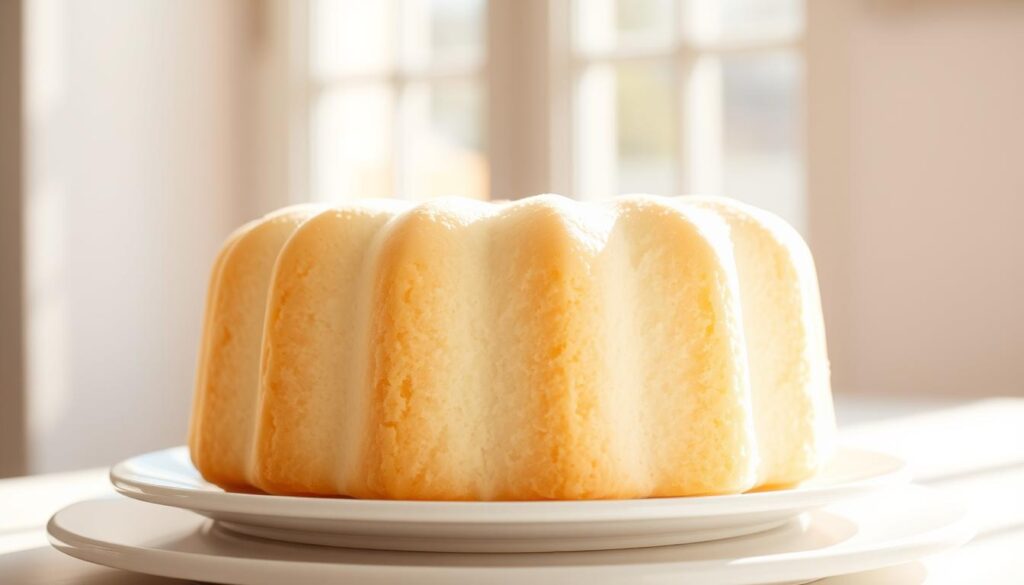 A delicate, fluffy angel food cake set against a bright, airy background. The cake is freshly baked, with a soft, spongy texture and a gentle golden-brown crust. Sunlight filters in from a large window, casting a warm, natural glow on the cake. The lighting is soft and diffused, creating a serene, inviting atmosphere. The cake is placed on a simple white platter, allowing its pure, cloud-like form to take center stage. The overall scene evokes a sense of comfort, quality, and the joy of homemade baking.