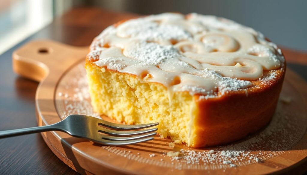 A delicate tres leches cake, freshly baked and glistening with a light glaze, sits atop a wooden serving platter. The spongy texture of the cake is visible, with a dusting of powdered sugar adding a subtle sweetness. In the foreground, a fork rests invitingly, hinting at the rich, creamy layers within. The scene is illuminated by warm, natural lighting, casting a soft glow and emphasizing the cake's inviting appearance. The background is blurred, allowing the viewer's focus to remain solely on the tempting dessert. A delicate tres leches cake, freshly baked and glistening with a light glaze, sits atop a wooden serving platter. The spongy texture of the cake is visible, with a dusting of powdered sugar adding a subtle sweetness. In the foreground, a fork rests invitingly, hinting at the rich, creamy layers within. The scene is illuminated by warm, natural lighting, casting a soft glow and emphasizing the cake's inviting appearance. The background is blurred, allowing the viewer's focus to remain solely on the tempting dessert.