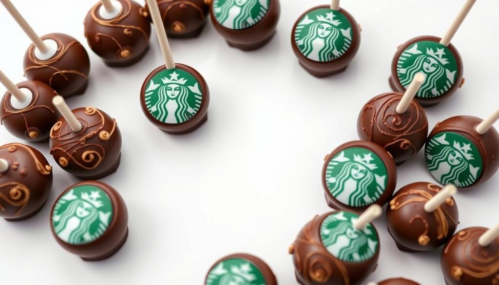 A delightful arrangement of Starbucks-inspired cake pops, displayed on a sleek, minimalist white background. The cake pops feature a rich, moist texture, with a glossy chocolate coating that gleams under the soft, even lighting. Intricate swirls and patterns adorn the surface, reminiscent of the iconic Starbucks logo. The pops are arranged in a visually appealing, symmetrical layout, with just the right amount of negative space to draw the eye. The overall composition conveys a sense of sophistication, elegance, and the high-quality craftsmanship that one would expect from a Starbucks-inspired treat. The image is captured at a slightly elevated angle, highlighting the depth and dimension of the cake pops. A delightful arrangement of Starbucks-inspired cake pops, displayed on a sleek, minimalist white background. The cake pops feature a rich, moist texture, with a glossy chocolate coating that gleams under the soft, even lighting. Intricate swirls and patterns adorn the surface, reminiscent of the iconic Starbucks logo. The pops are arranged in a visually appealing, symmetrical layout, with just the right amount of negative space to draw the eye. The overall composition conveys a sense of sophistication, elegance, and the high-quality craftsmanship that one would expect from a Starbucks-inspired treat. The image is captured at a slightly elevated angle, highlighting the depth and dimension of the cake pops.