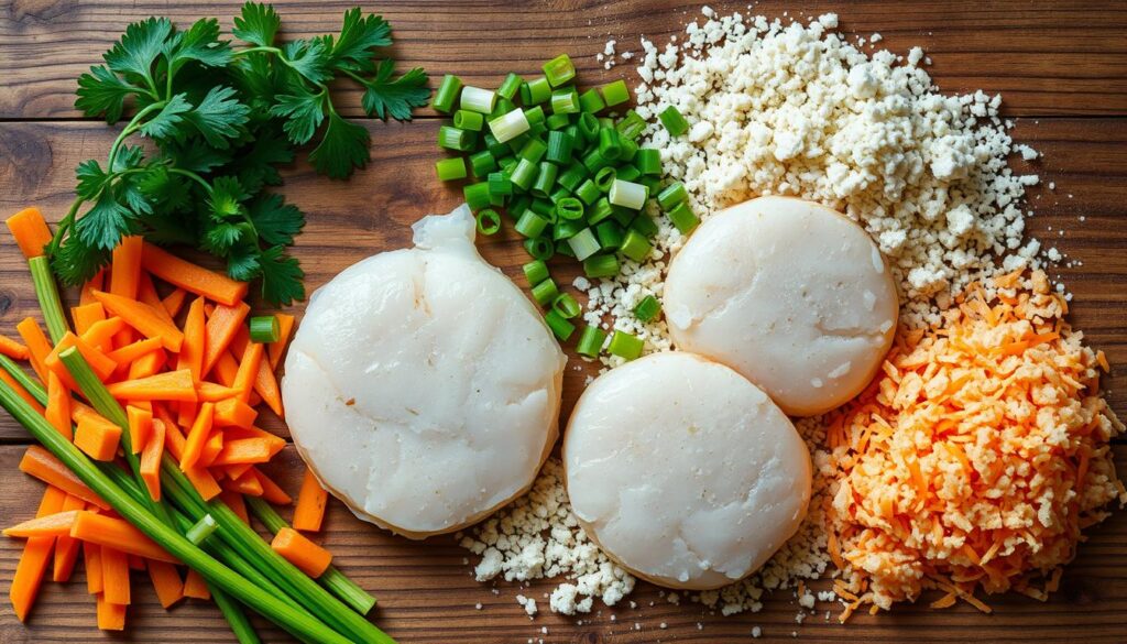 A flat-lay arrangement of fresh ingredients for making delectable fish cakes: juicy chunks of white fish, grated carrots, finely chopped scallions, and delicate breadcrumbs. The mise en place is set against a rustic, wooden surface, bathed in soft, natural lighting that highlights the vibrant colors and textures of the components. The overall composition conveys a sense of simplicity, wholesome goodness, and the promise of a perfectly crispy, flavor-packed fish cake. A flat-lay arrangement of fresh ingredients for making delectable fish cakes: juicy chunks of white fish, grated carrots, finely chopped scallions, and delicate breadcrumbs. The mise en place is set against a rustic, wooden surface, bathed in soft, natural lighting that highlights the vibrant colors and textures of the components. The overall composition conveys a sense of simplicity, wholesome goodness, and the promise of a perfectly crispy, flavor-packed fish cake.