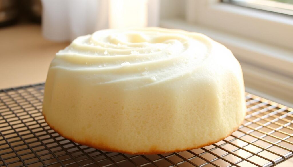 A freshly baked angel food cake, delicate and airy, rests on a wire cooling rack. Soft morning light filters through a nearby window, casting a warm glow over the scene. The cake's pristine white exterior slowly cools, its surface gently undulating as invisible currents of air caress it. Beads of condensation form and then dissipate, like a breathe upon a mirror. The cake's structure is visible, its intricate network of air pockets gradually solidifying, preserving the cake's light and fluffy texture. The cooling process is a dance of temperature and time, a crucial step in achieving the perfect angel food cake.